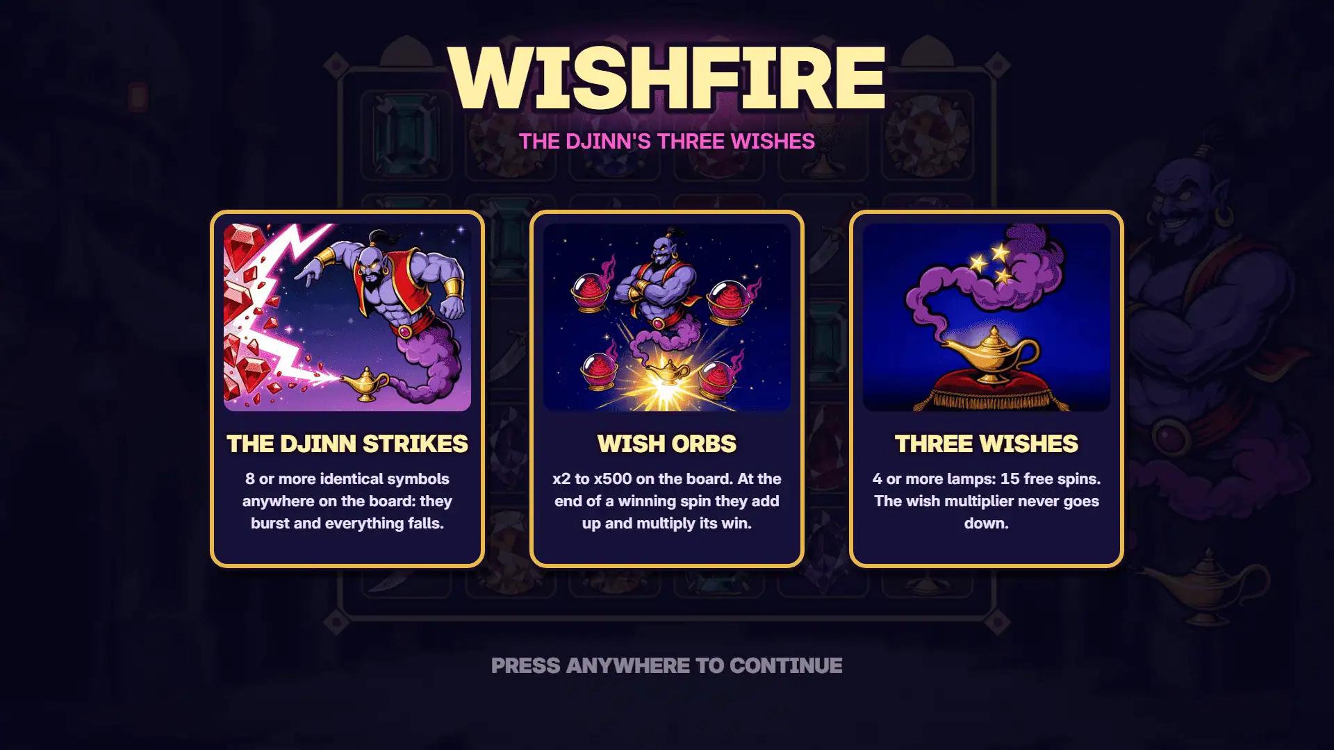 Wishfire slot intro screen