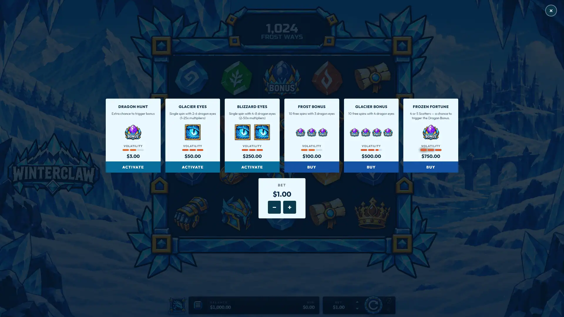 Winterclaw bonus buy menu