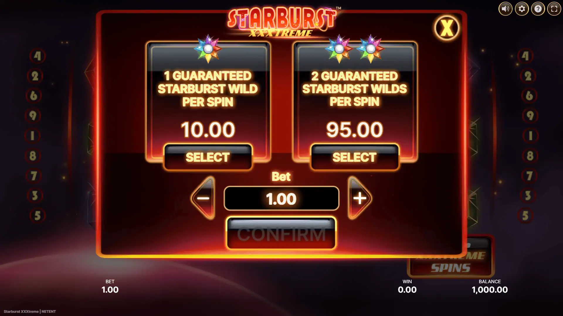 Starburst XXXtreme bonus buy menu