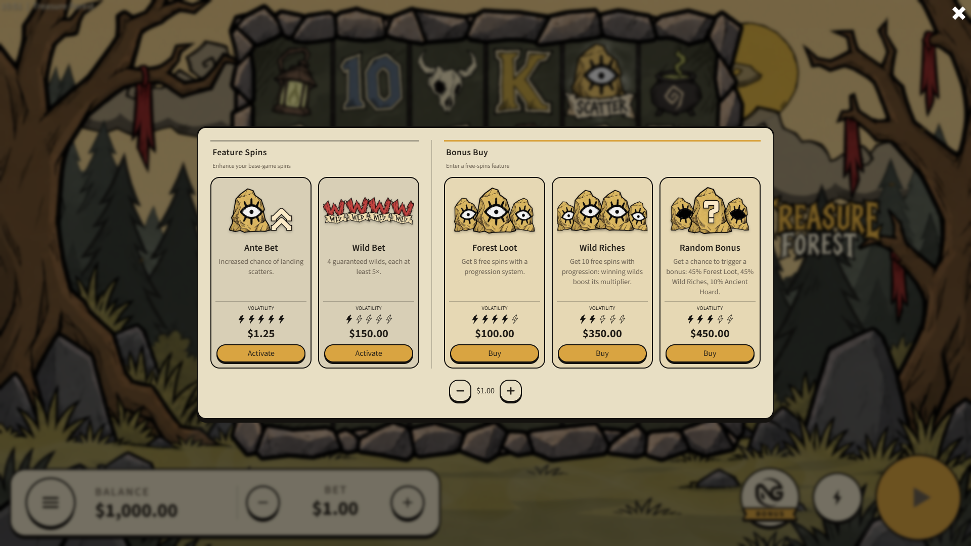 Treasure Forest bonus buy menu