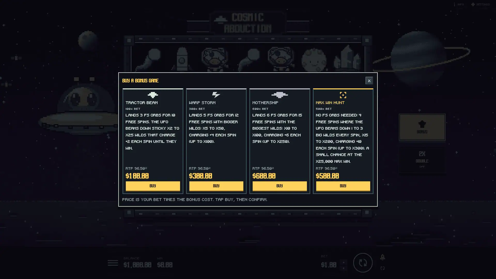 Pixel Abduction bonus buy menu