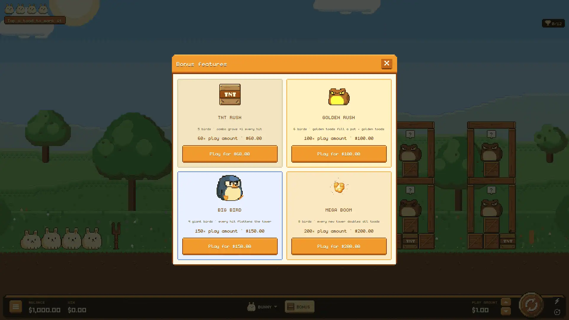Pixel Birds bonus buy menu