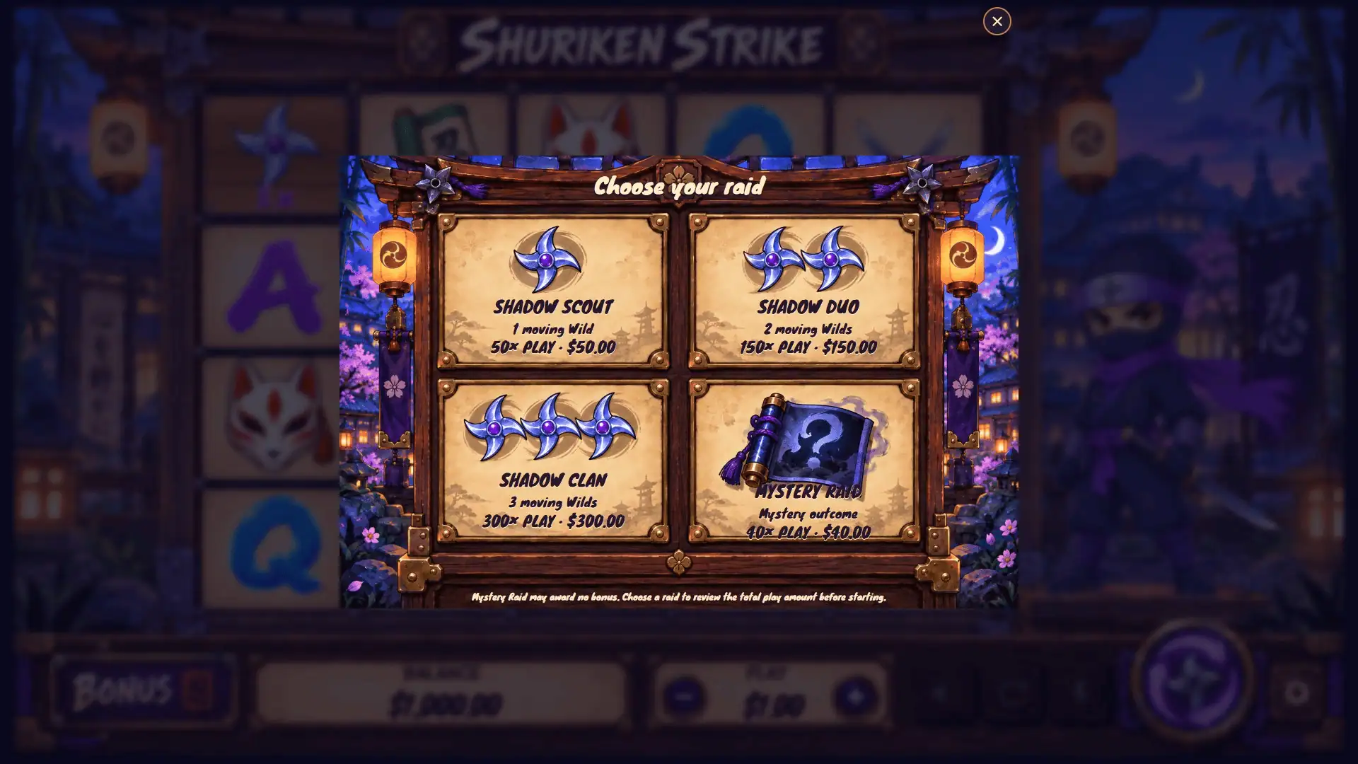 Shuriken Strike bonus buy menu