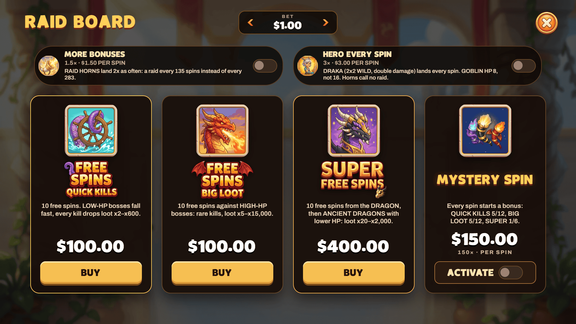 Dragon Raid bonus buy menu