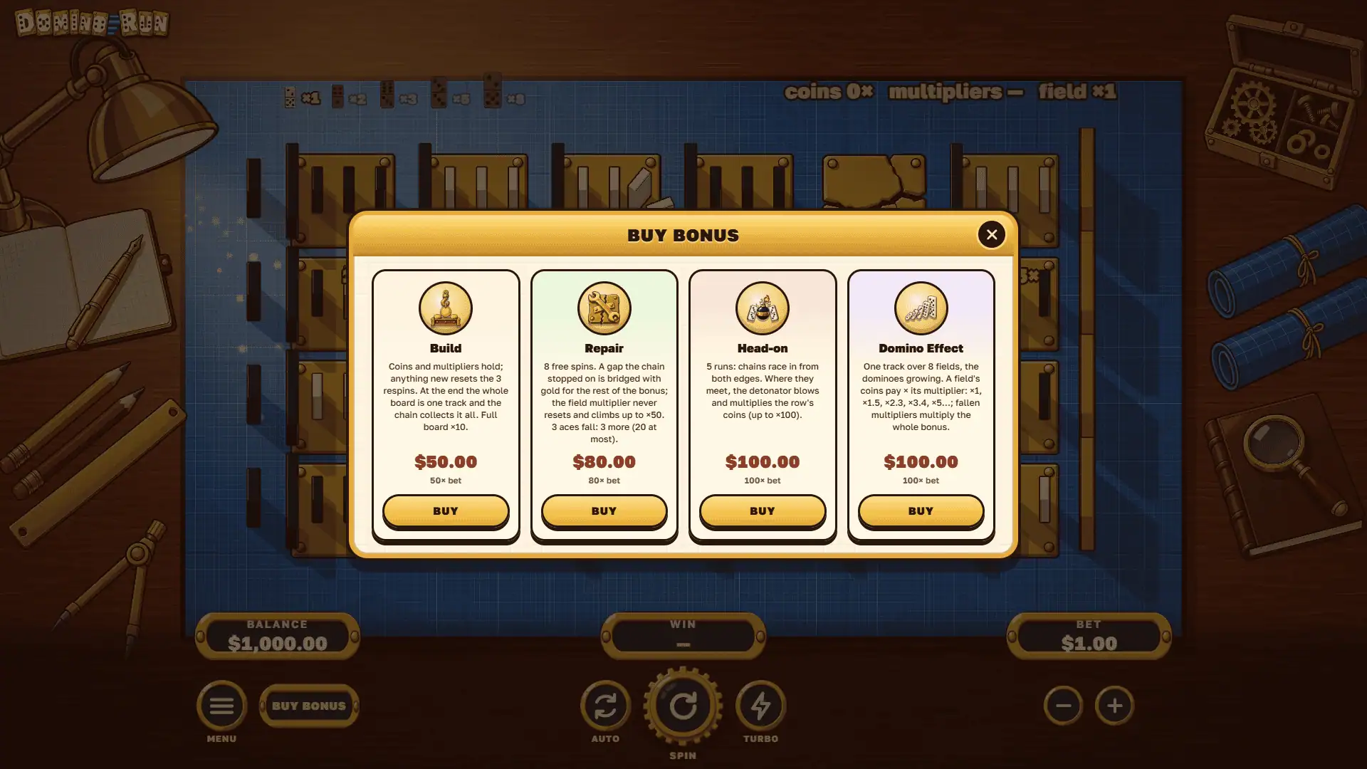 Domino Run bonus buy menu