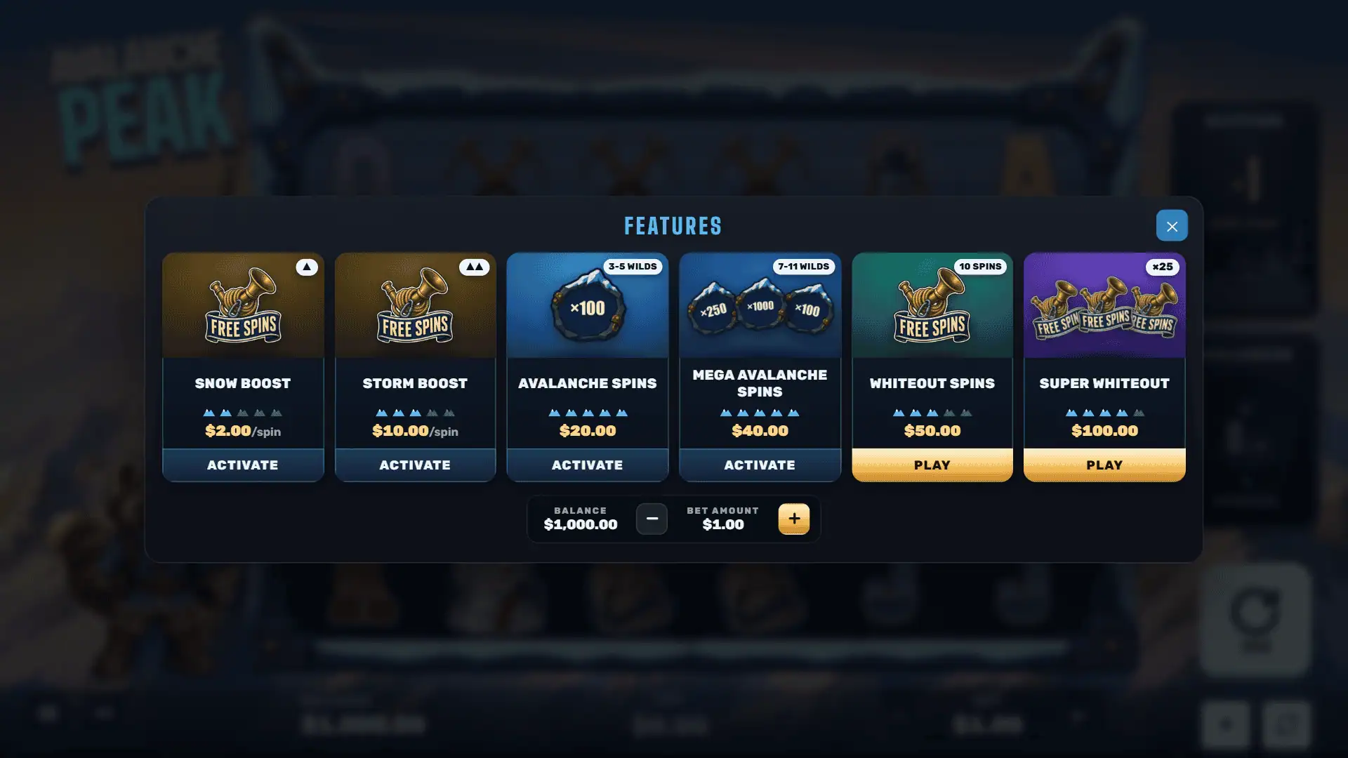Avalanche Peak bonus buy menu
