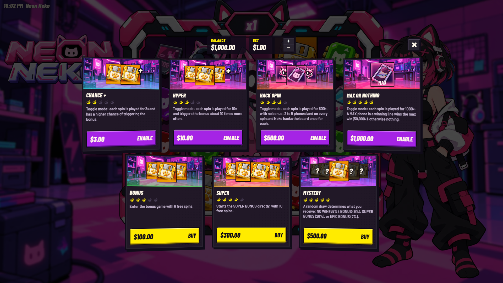 Neon Neko bonus buy menu