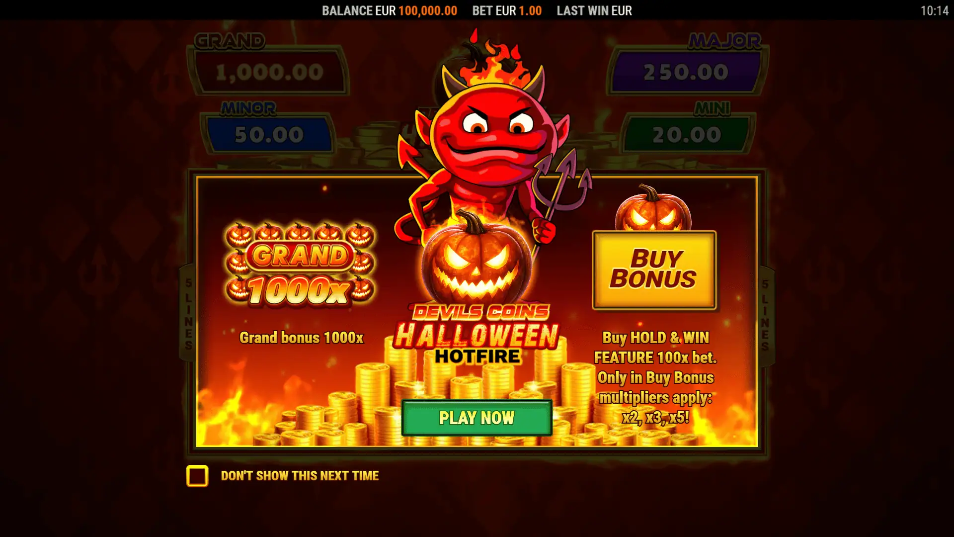 Devils Coins Halloween Hotfire Hold and Win slot intro screen