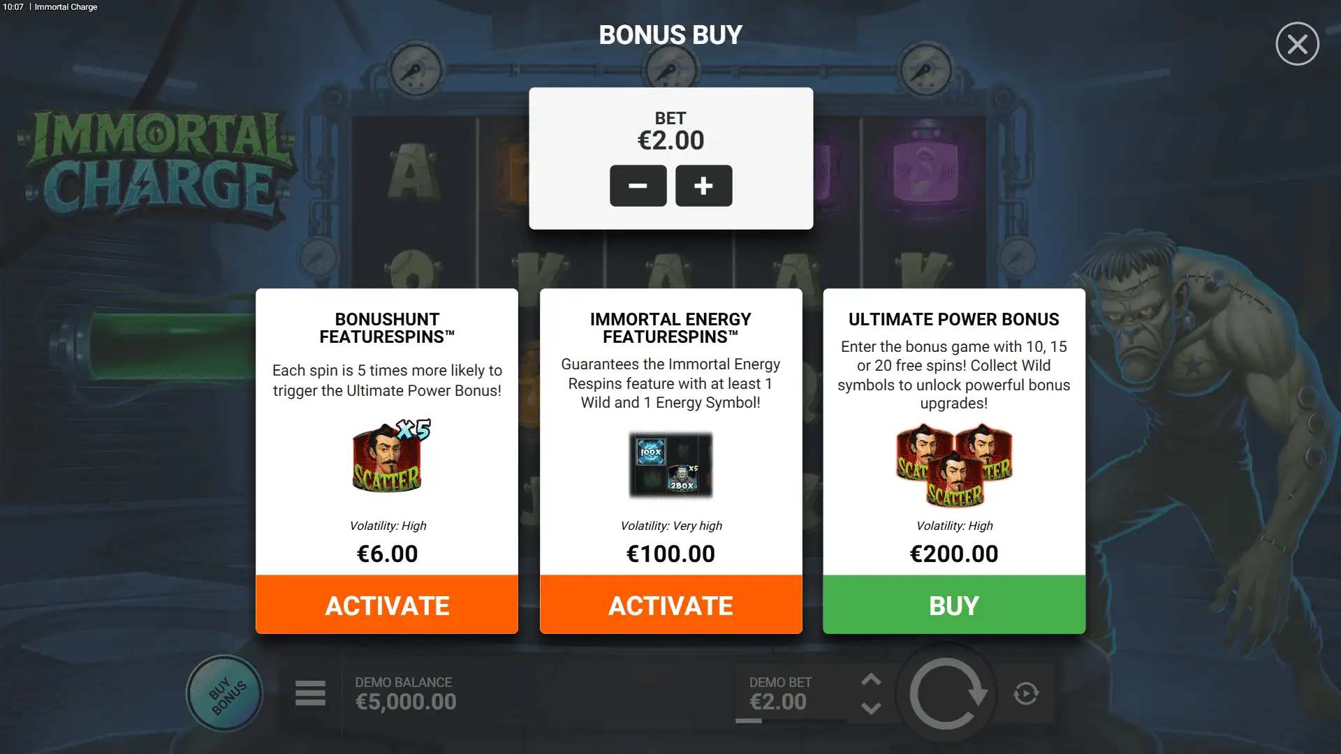 Immortal Charge bonus buy menu