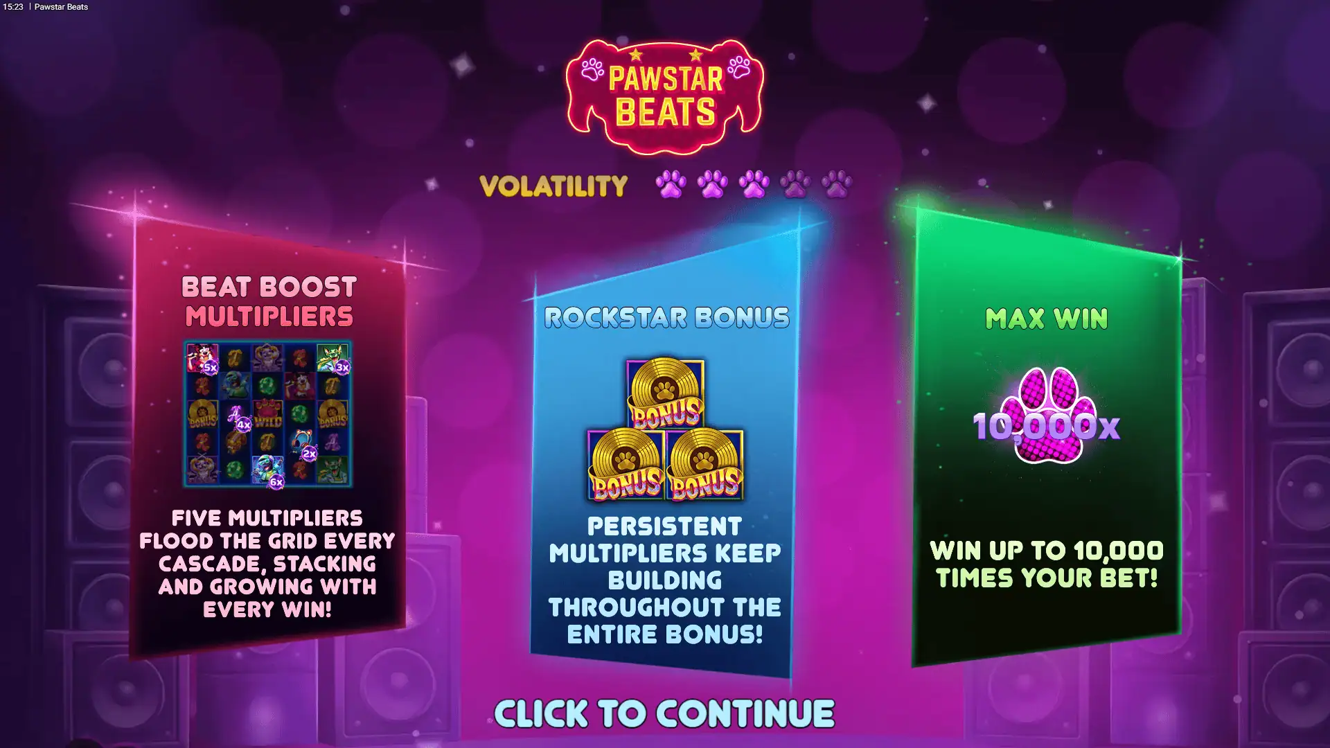 Pawstar Beats slot intro screen