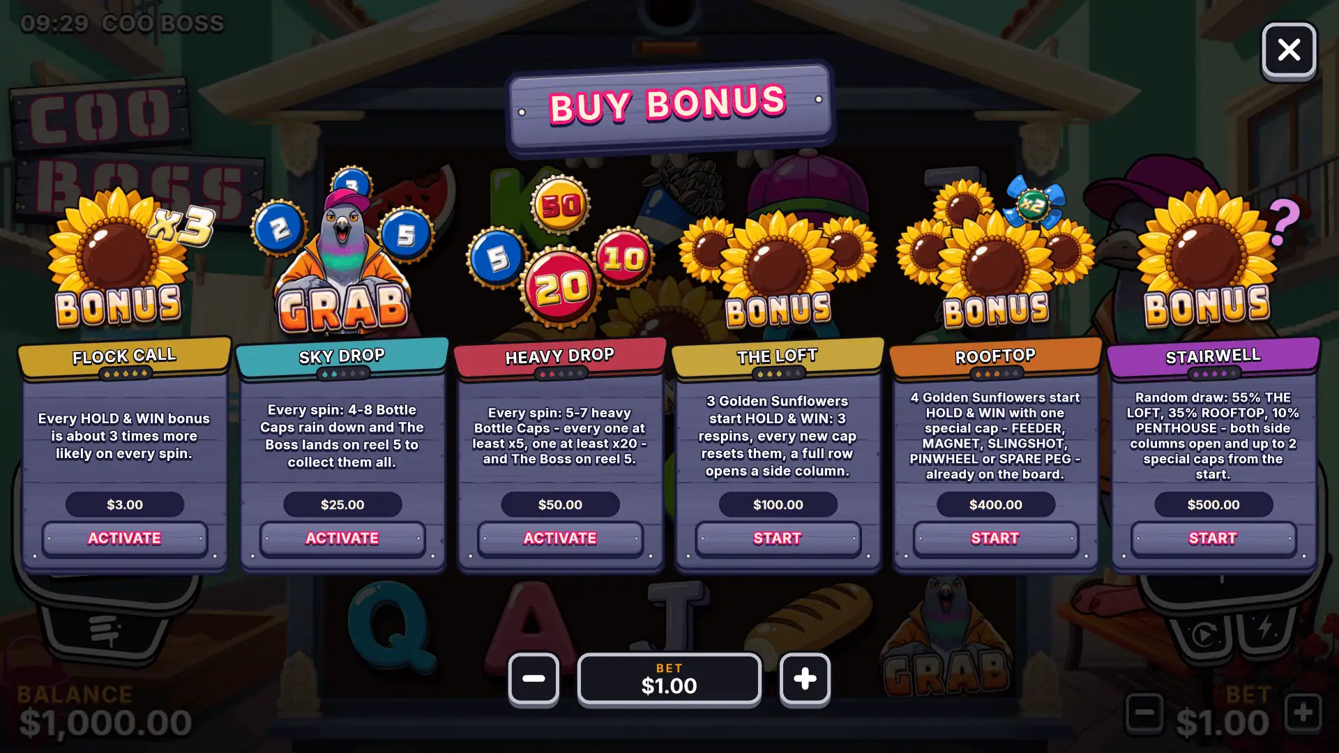 Coo Boss Hold and Win bonus buy menu