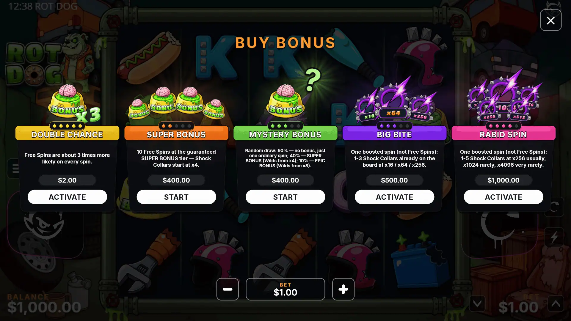 Rot Dog bonus buy menu