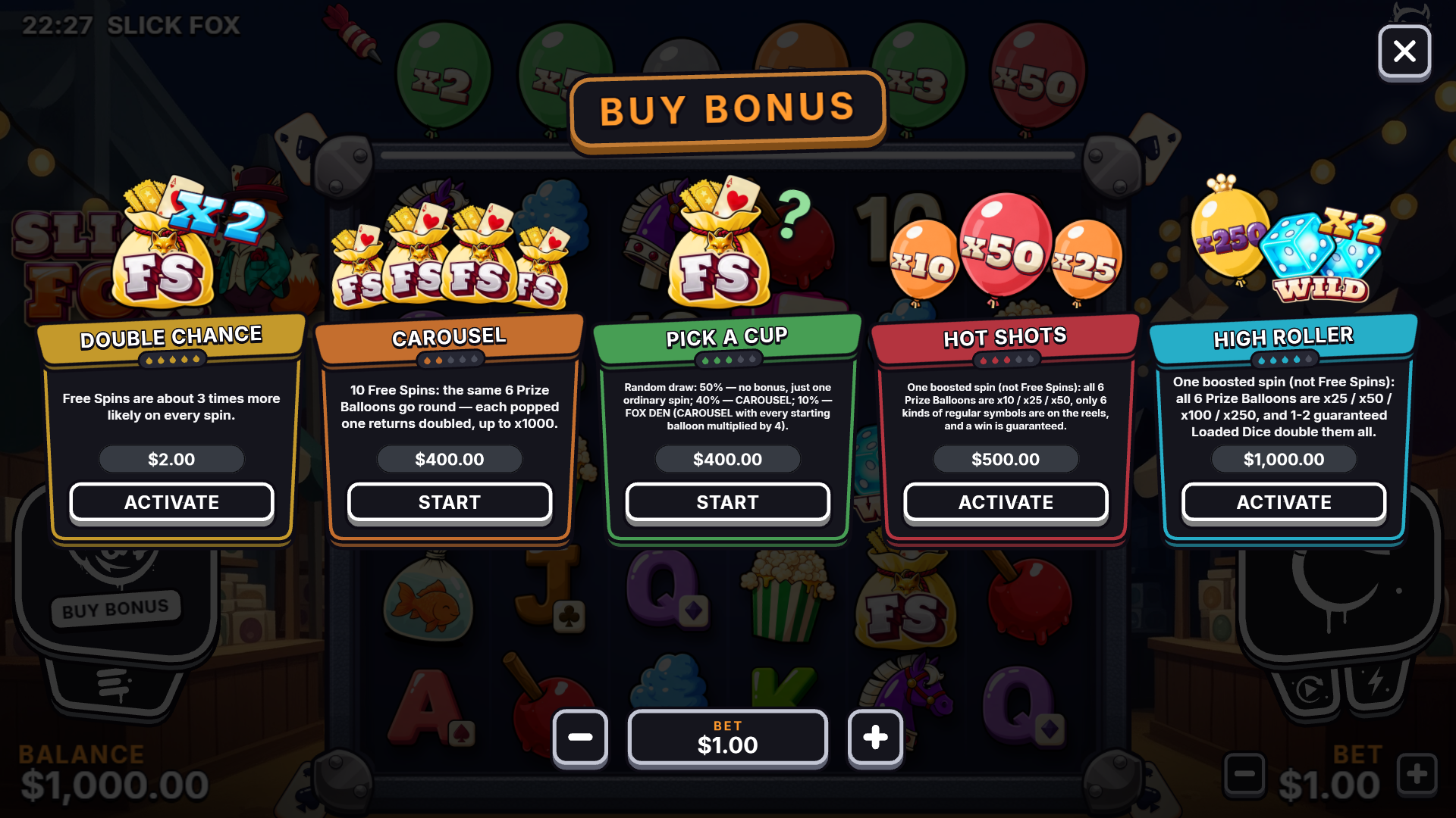 Slick Fox bonus buy menu