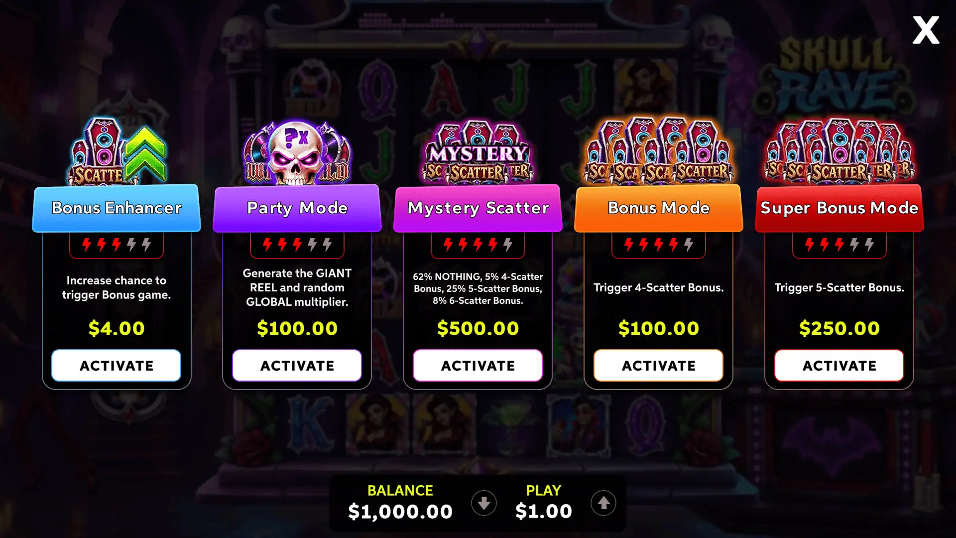 Skull Rave Party bonus buy menu