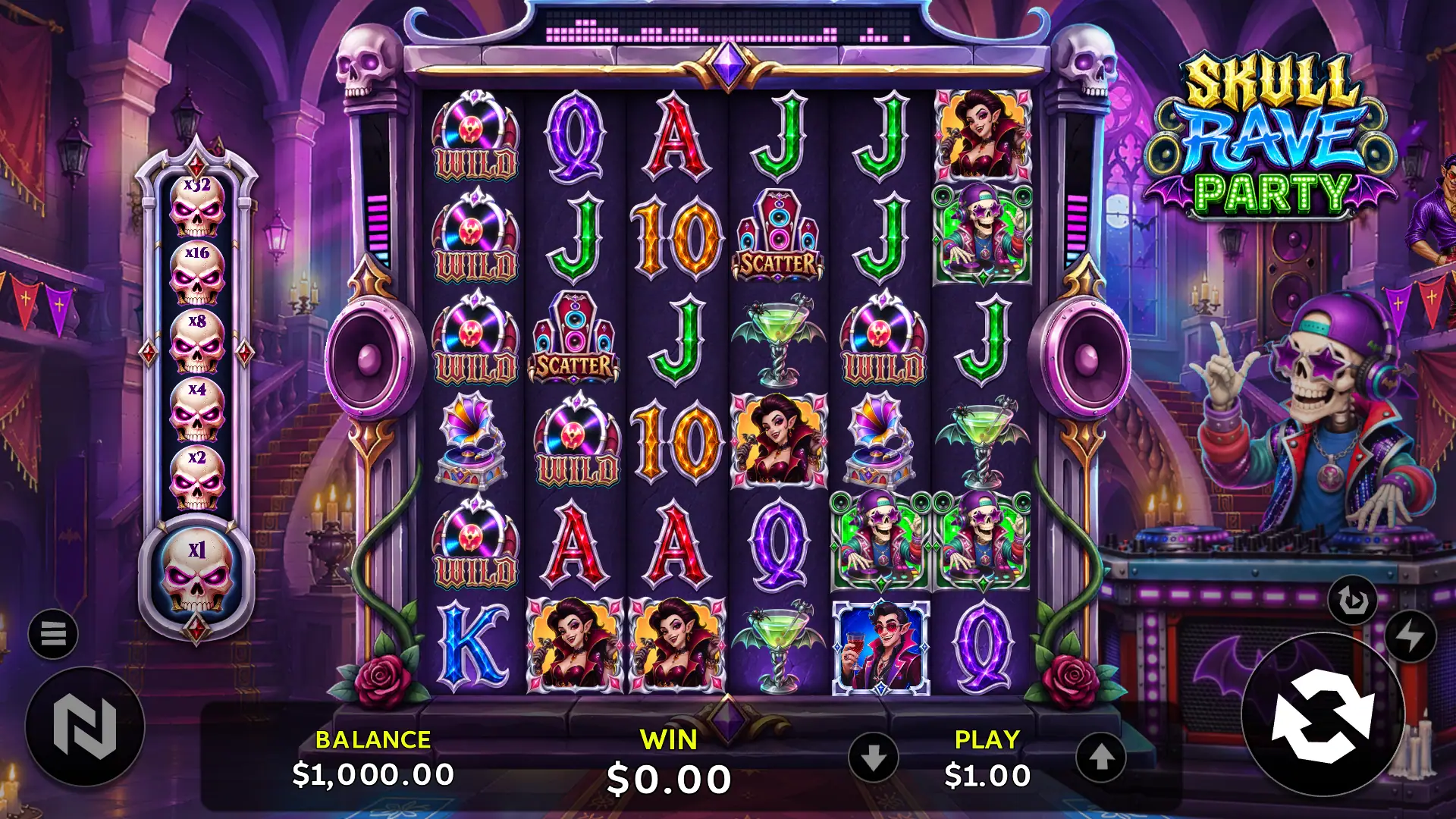 Skull Rave Party slot gameplay reels