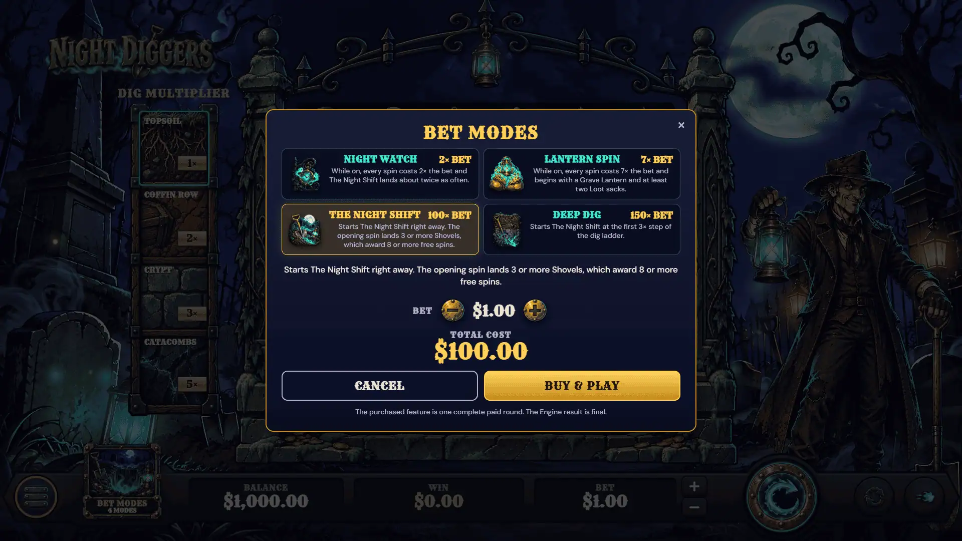 Night Diggers bonus buy menu