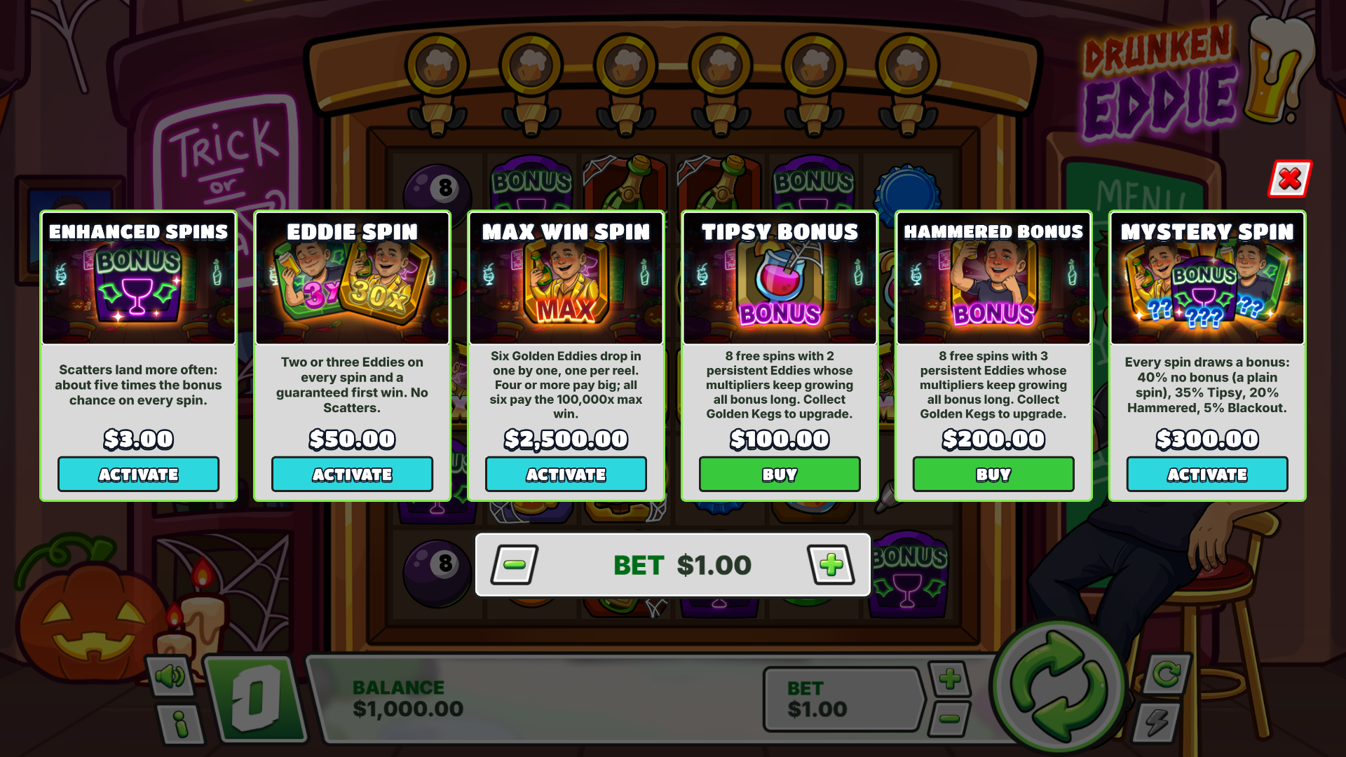 Drunken Eddie bonus buy menu