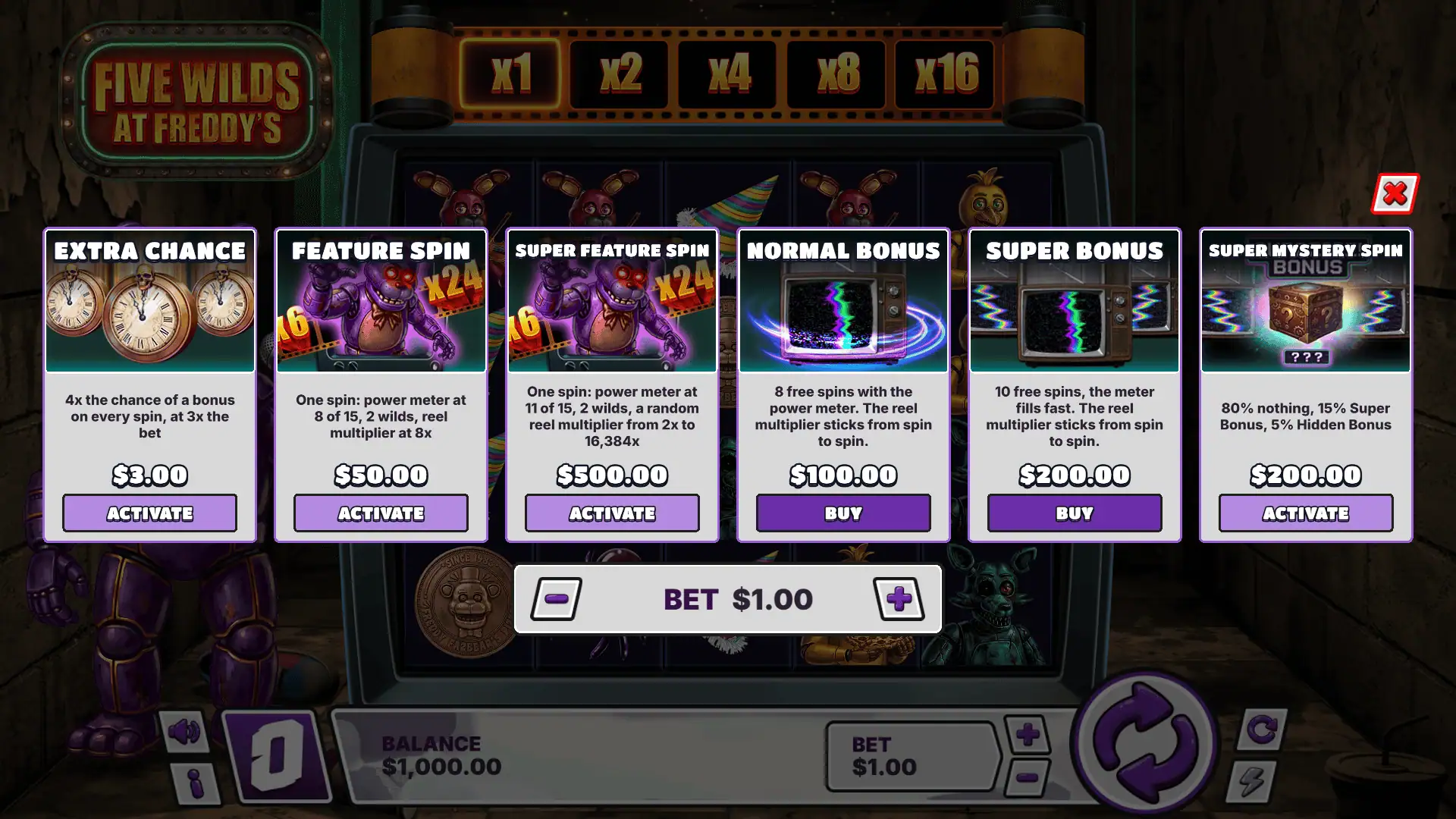 Five Wilds At Freddy's bonus buy menu