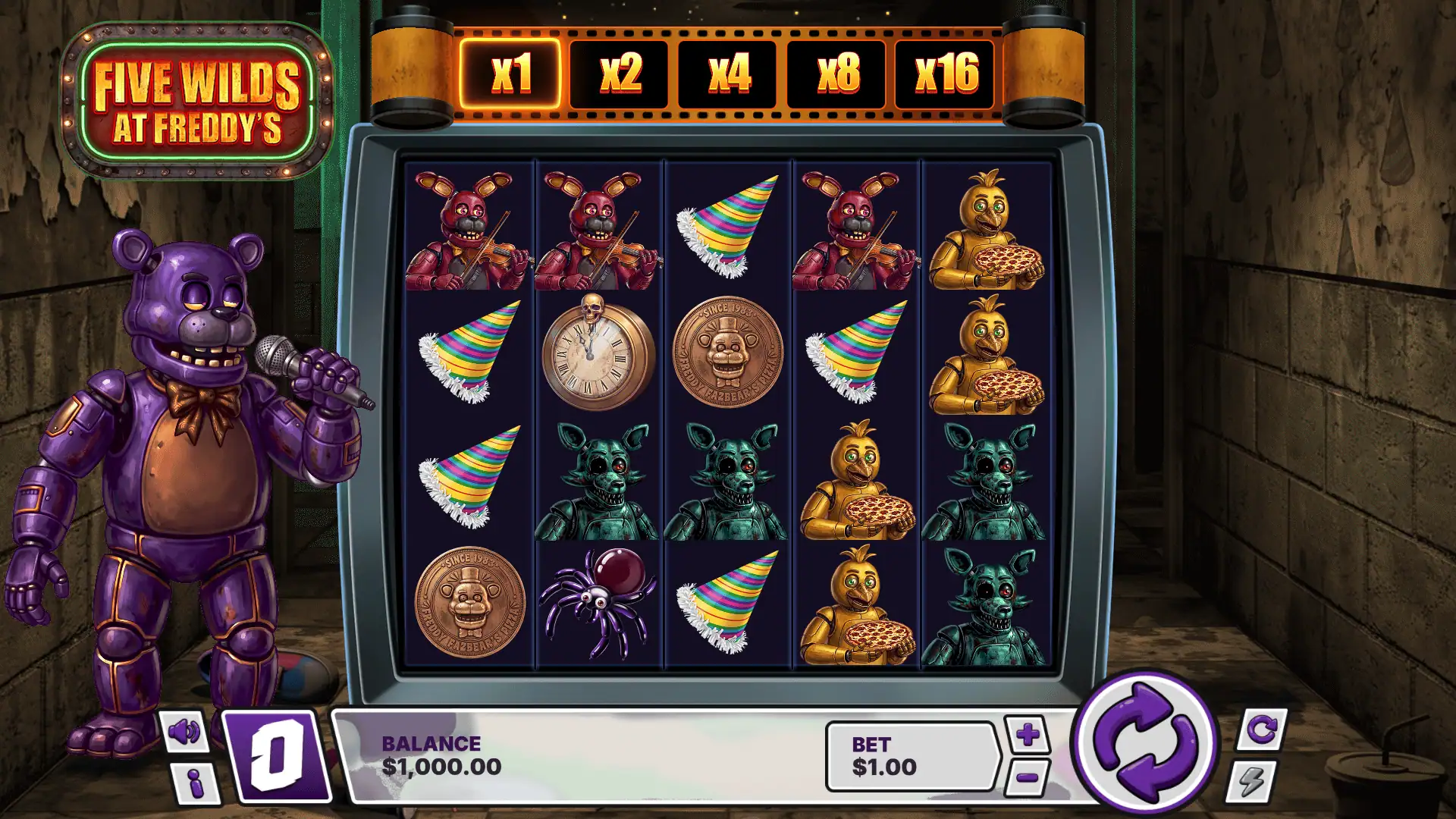 Five Wilds At Freddy's slot gameplay reels
