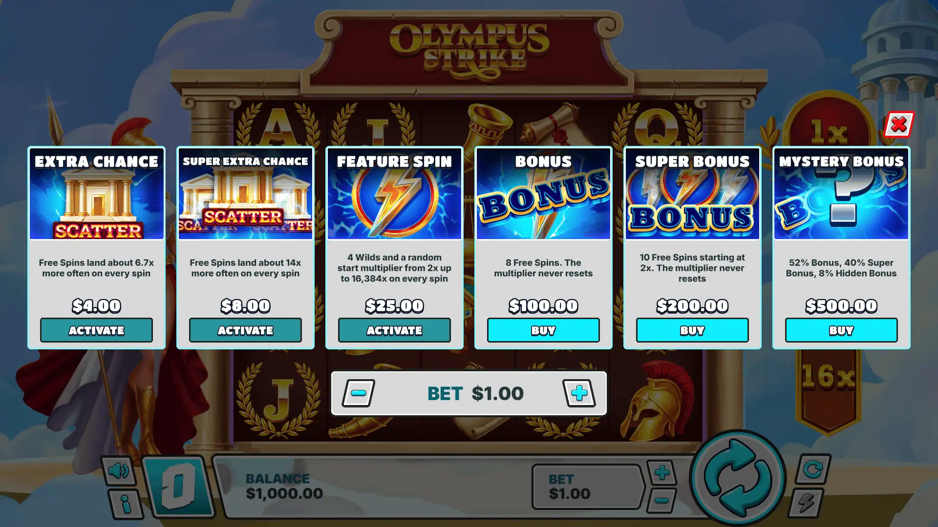 Olympus Strike bonus buy menu