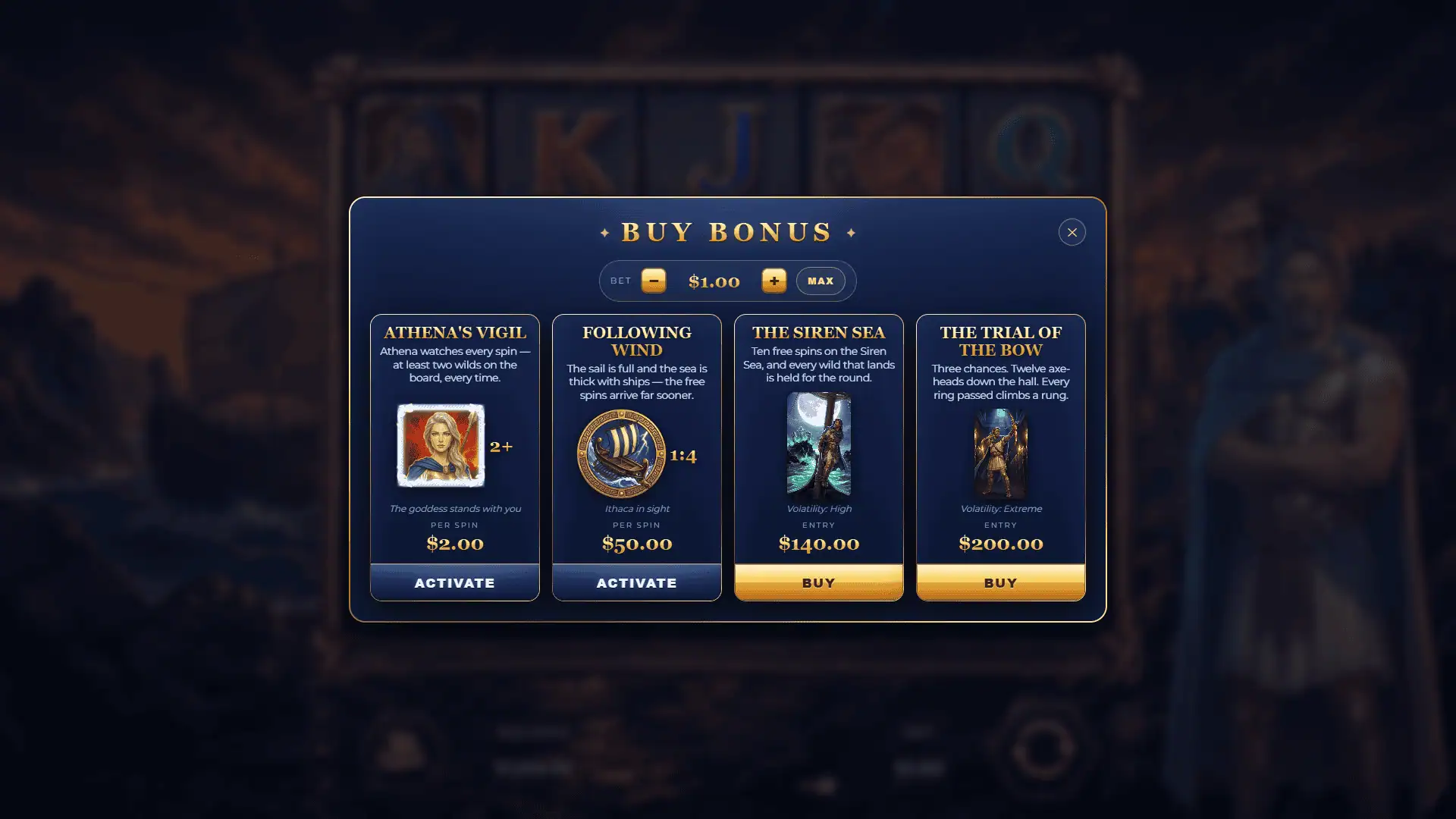 Odysseus Coming Home bonus buy menu