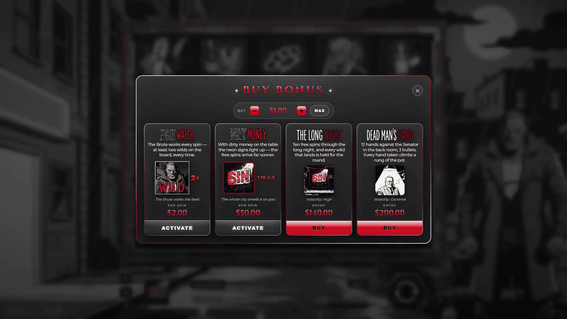 Sin Street bonus buy menu