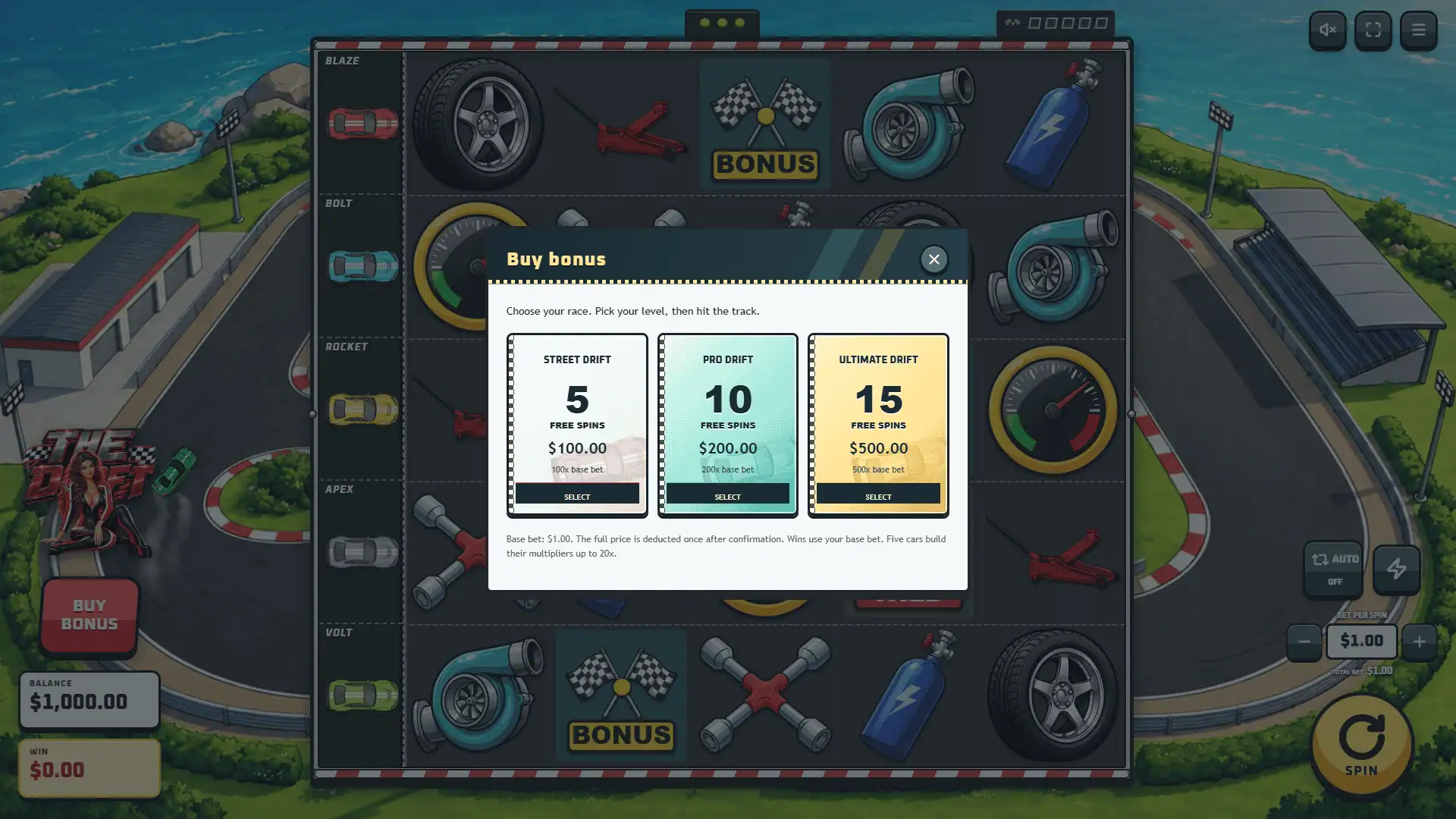 The Drift bonus buy menu