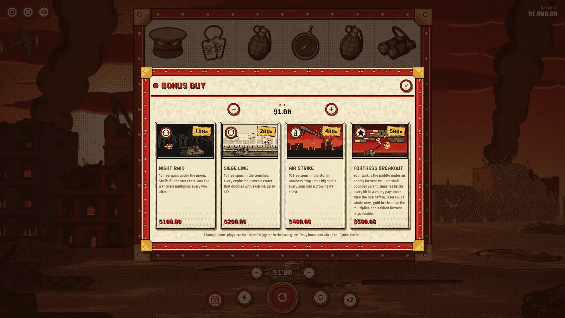 Tank Barrage bonus buy menu