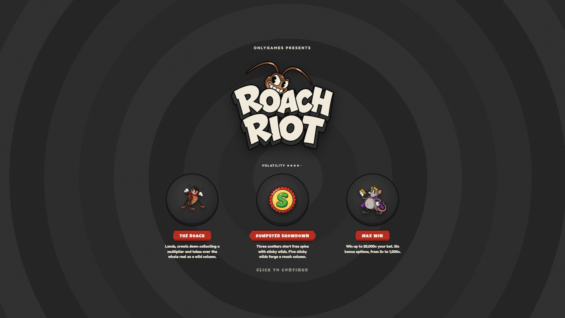 Roach Riot slot intro screen