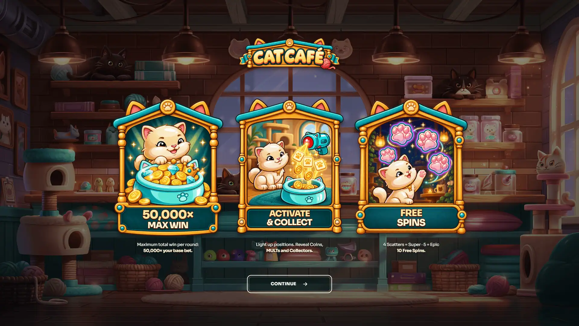 Cat Cafe slot intro screen