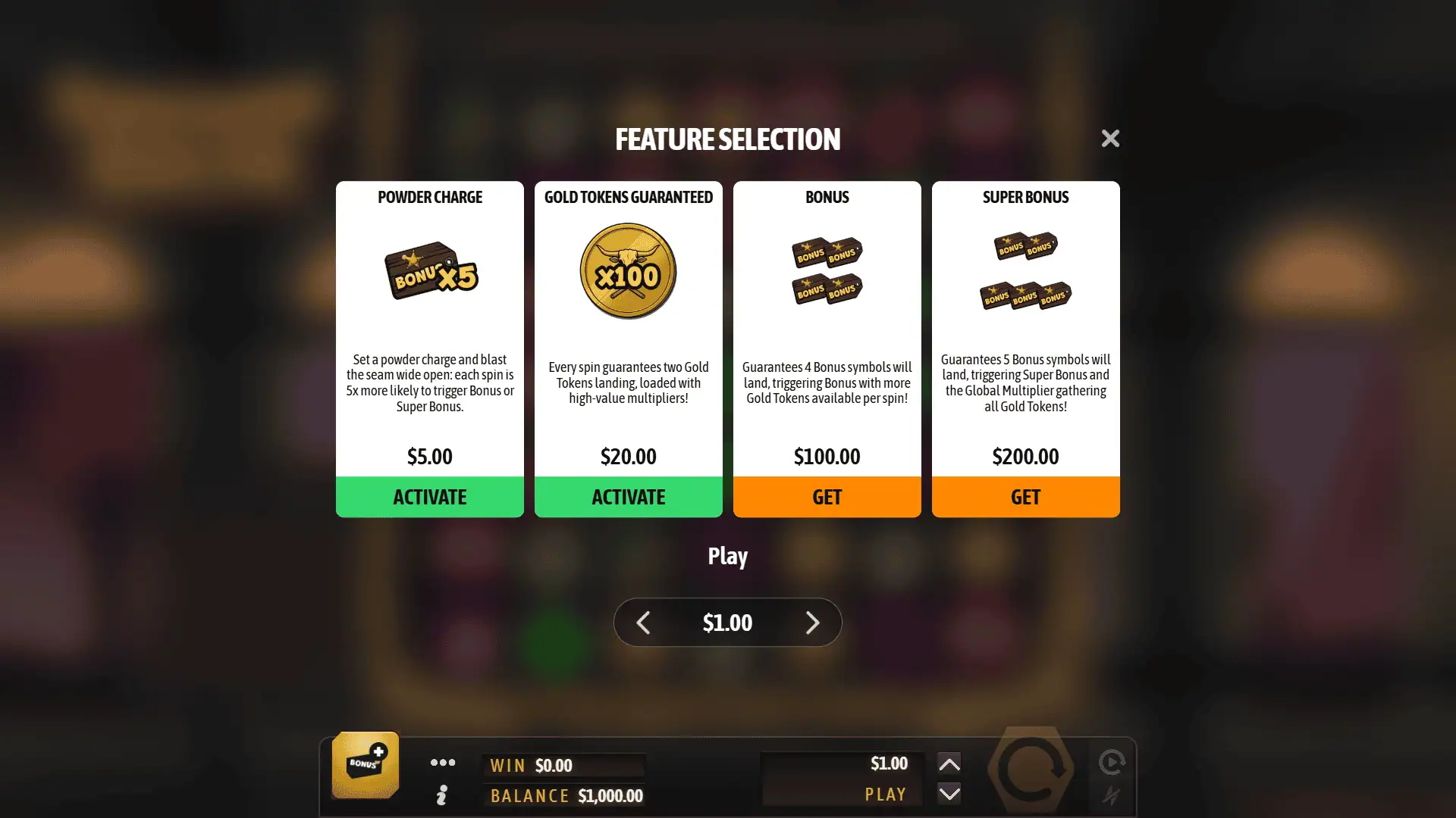 Gunpowder Gulch bonus buy menu