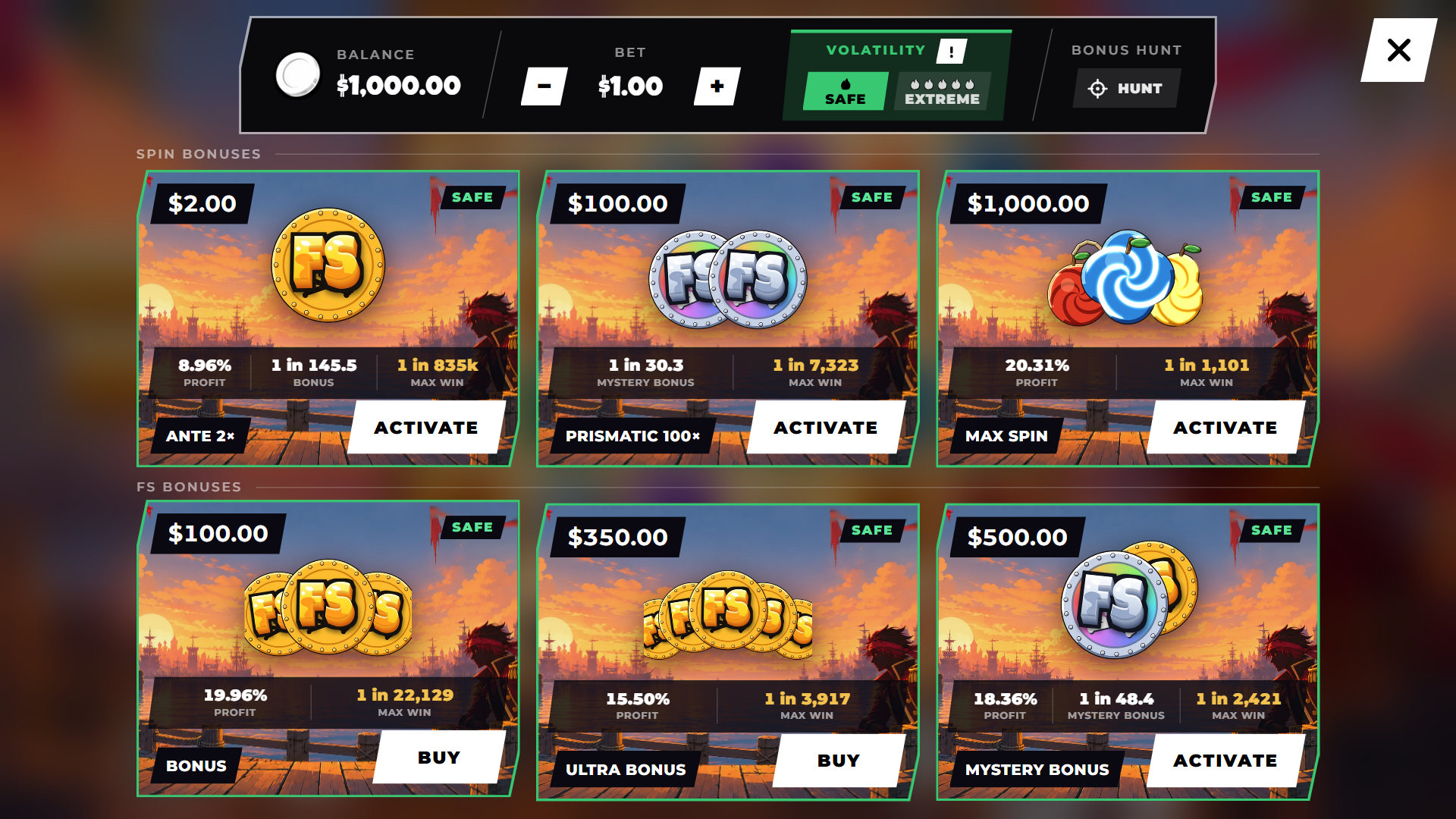 Pirates Vault bonus buy menu