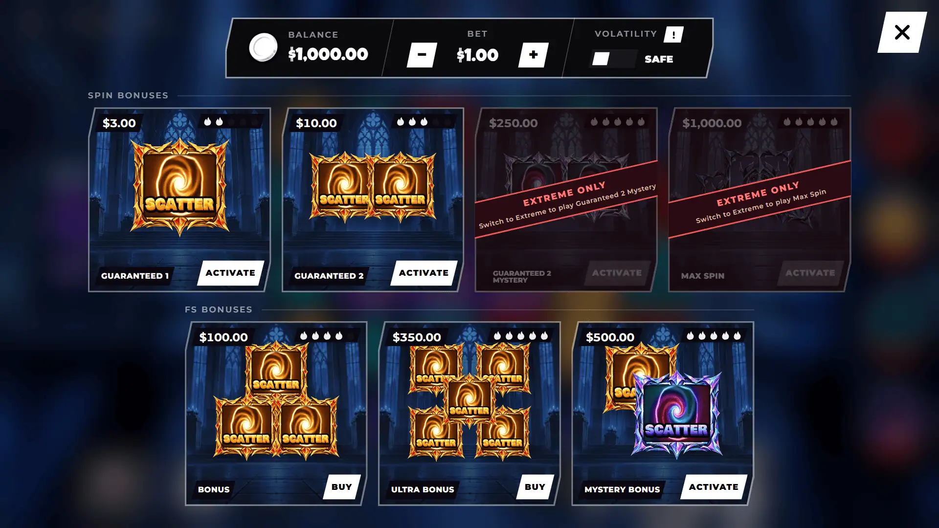 Shadow Trials bonus buy menu