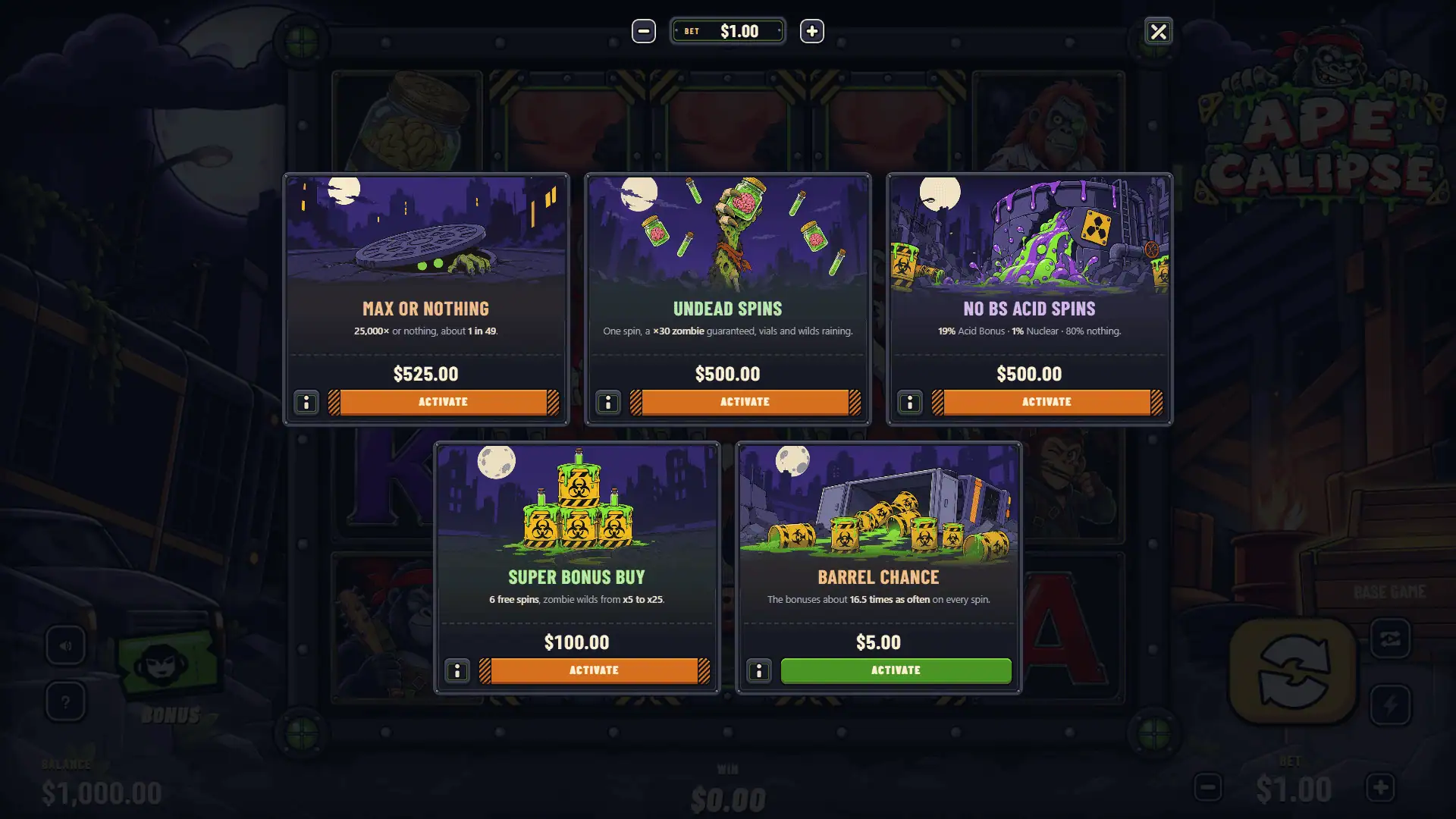 Apecalipse bonus buy menu