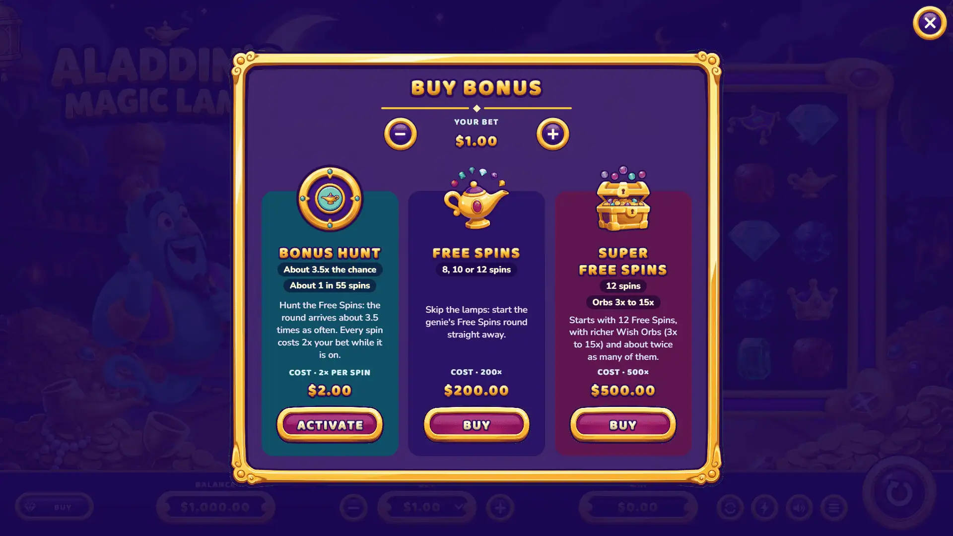 Aladdin's Magic Lamp bonus buy menu