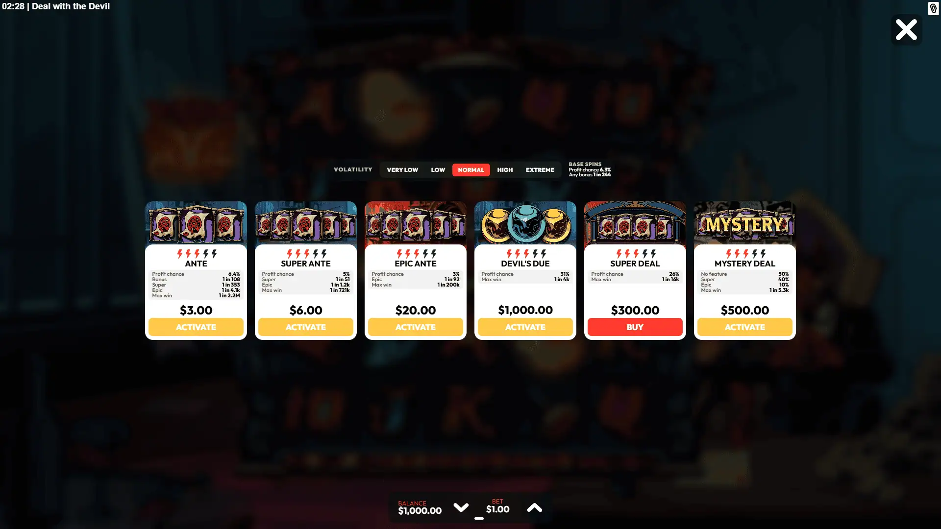 Deal with the Devil bonus buy menu