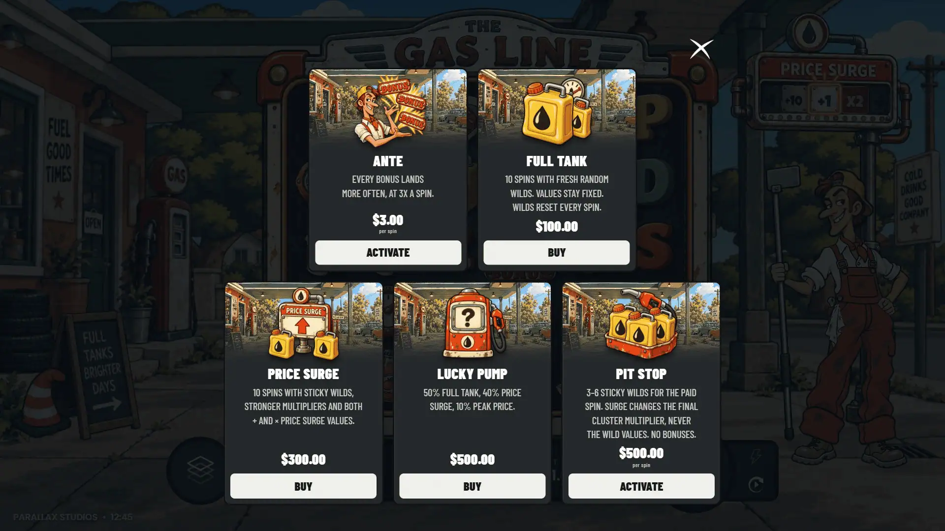 The Gas Line bonus buy menu