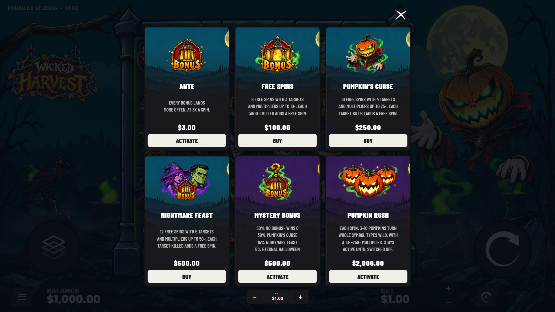 Wicked Harvest bonus buy menu