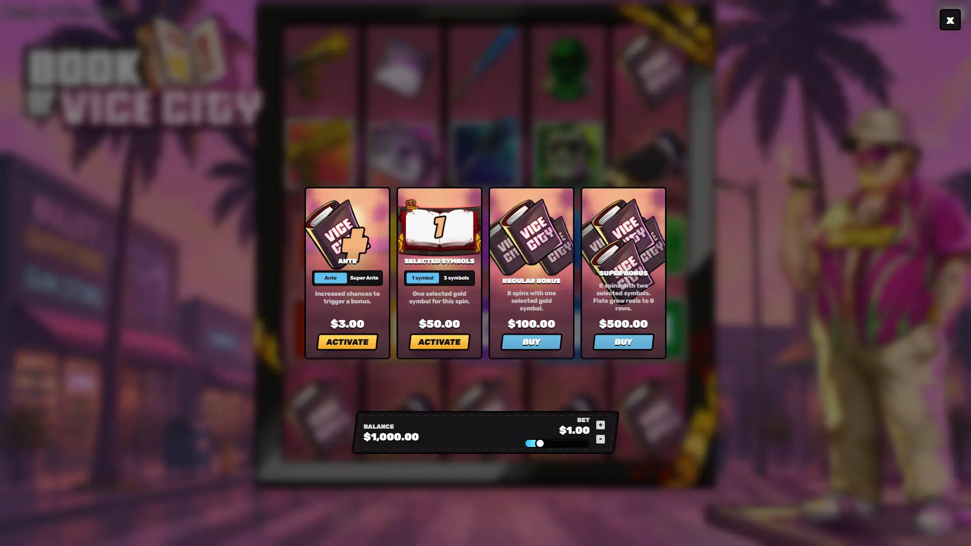 Book of Vice City bonus buy menu