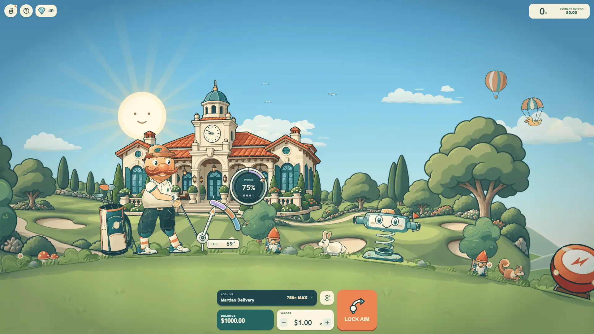 Fore Ever golf course with the selected route and the lock aim button