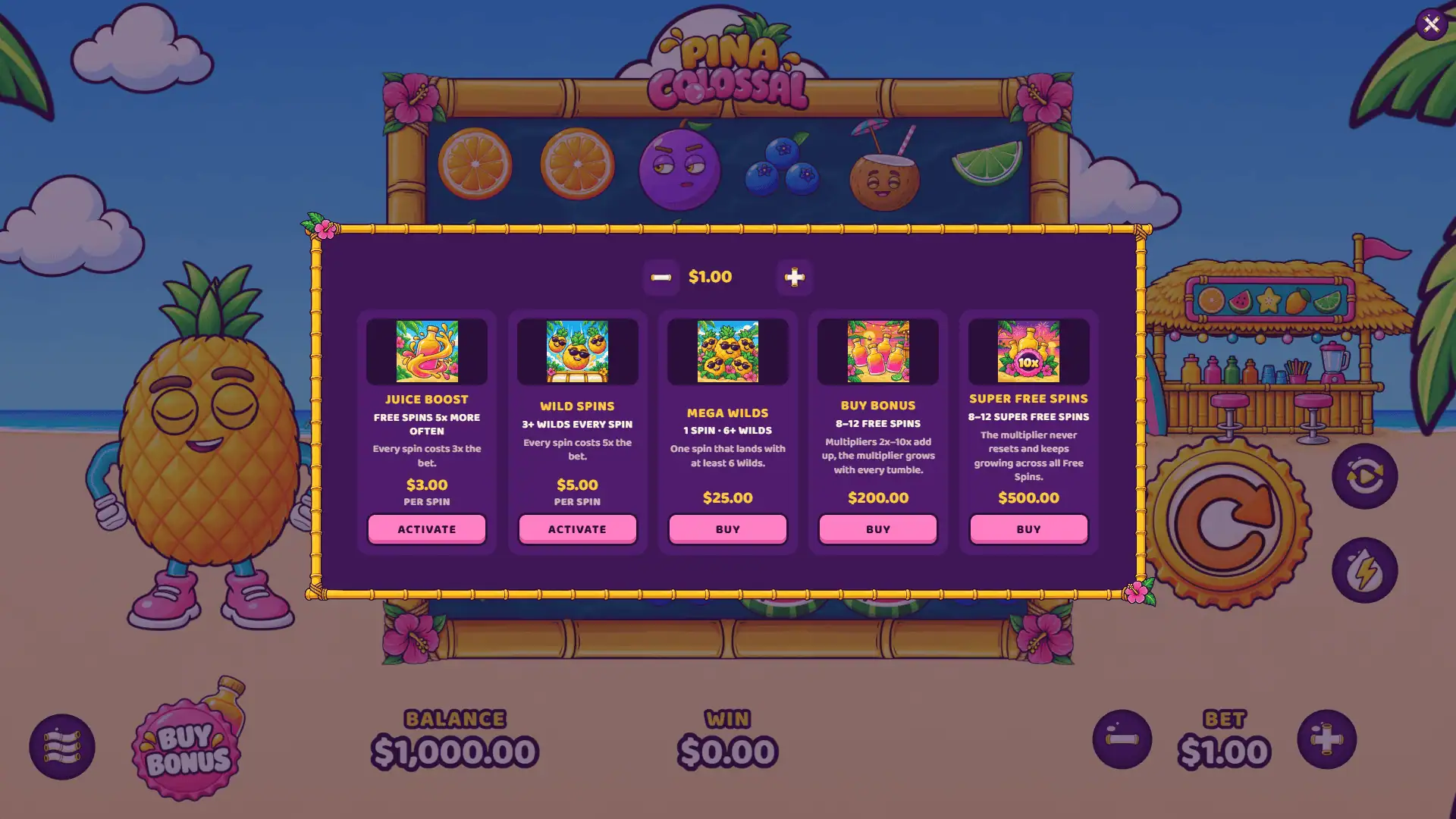 Pina Colossal bonus buy menu