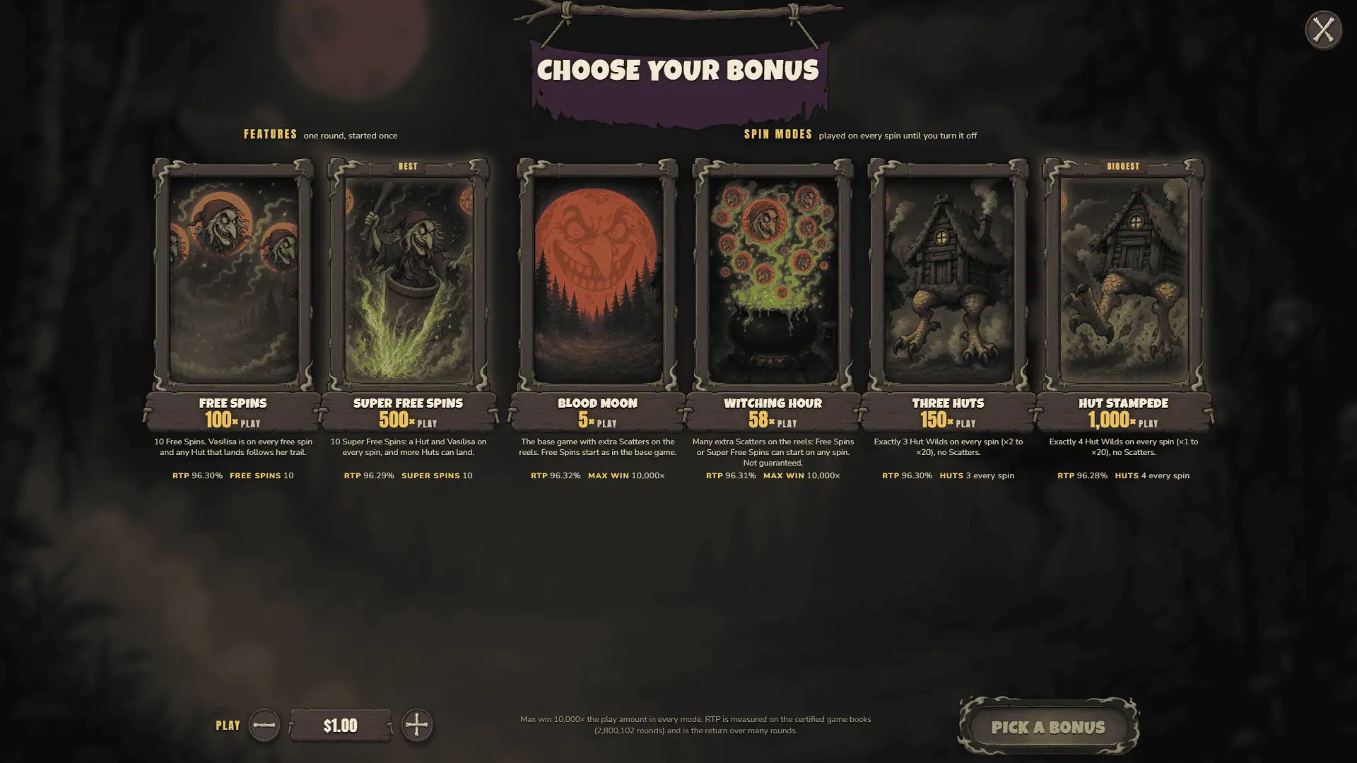 Witch of the Woods bonus buy menu