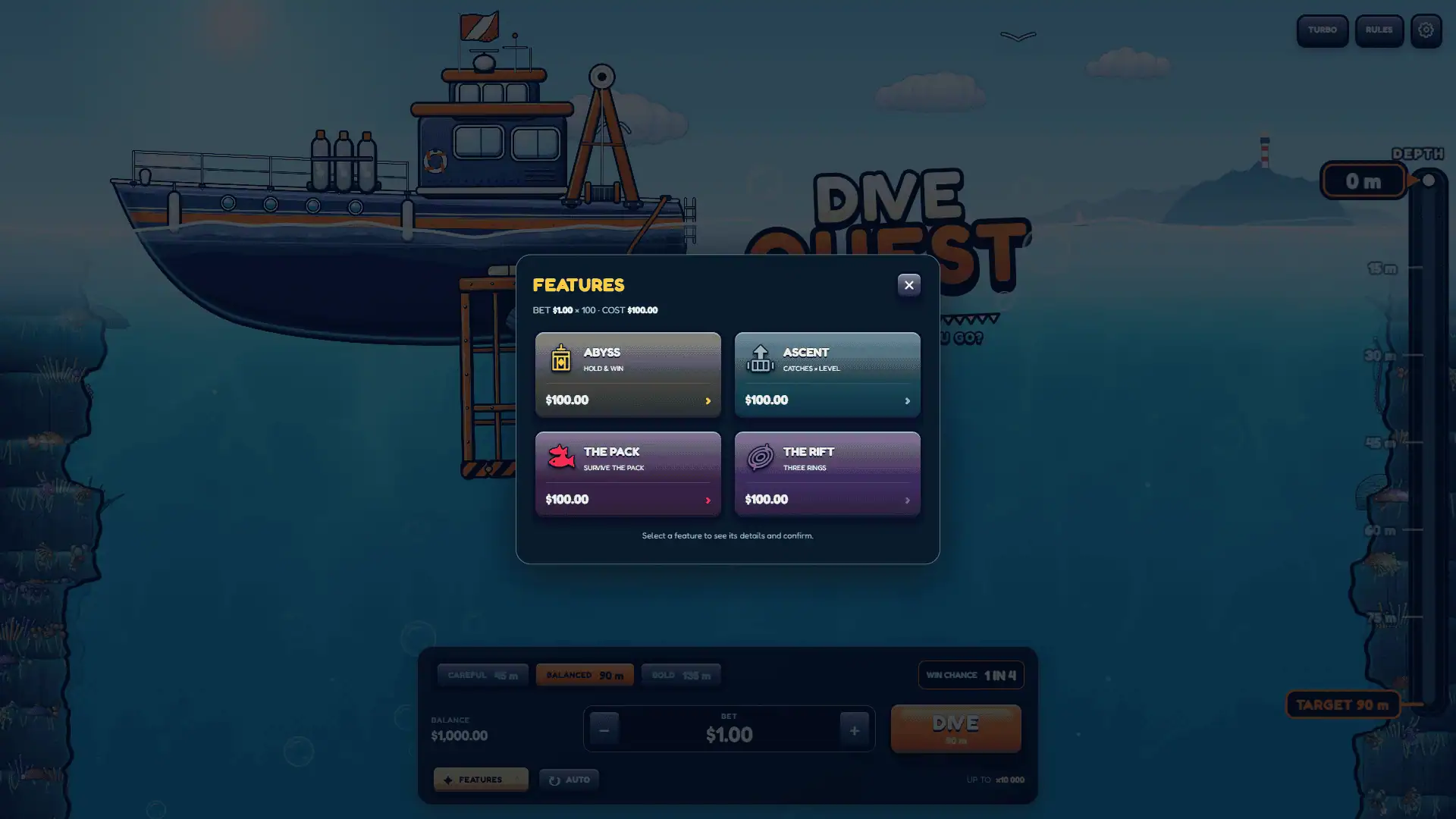 Dive Quest bonus buy menu