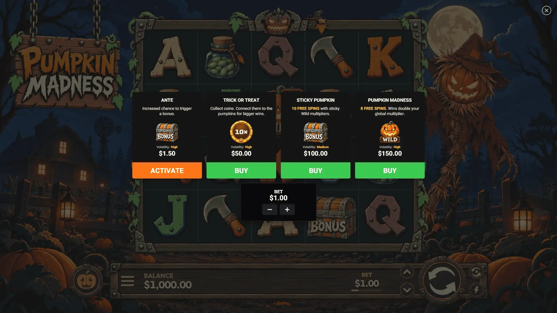 Pumpkin Madness bonus buy menu