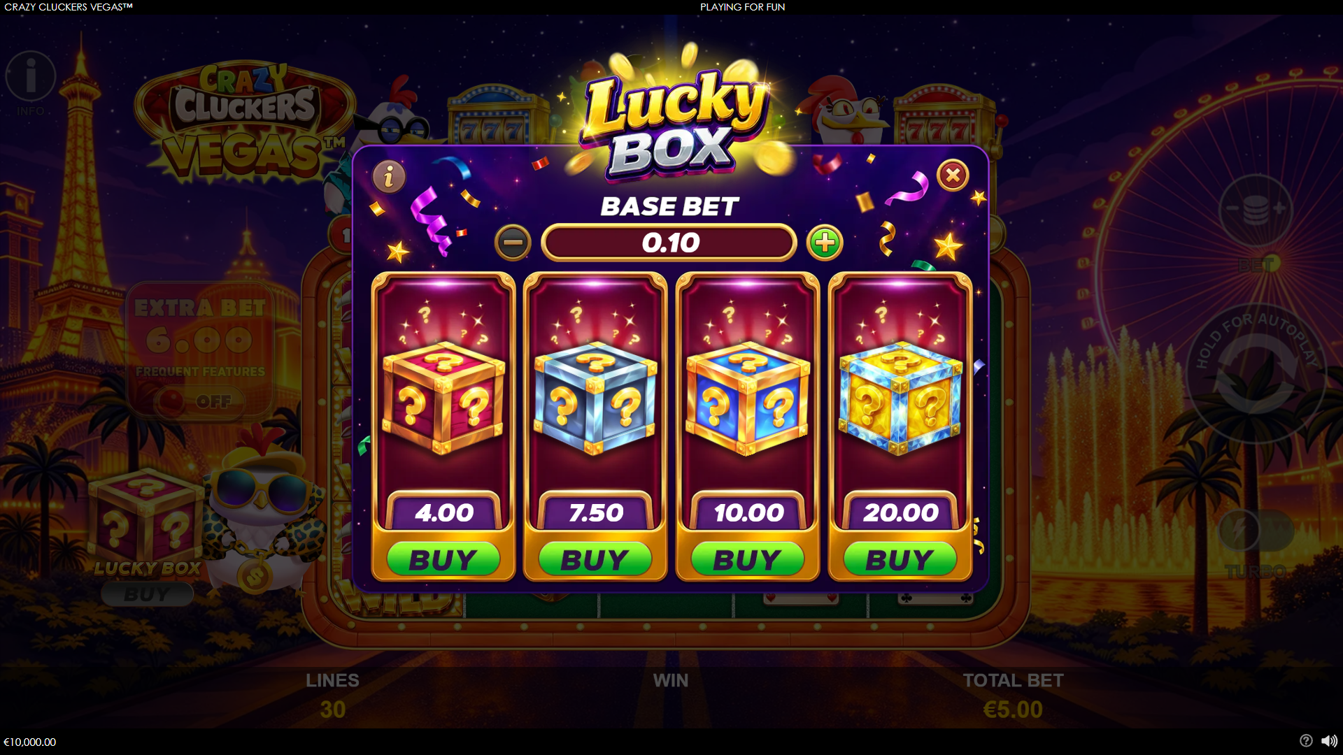 Crazy Cluckers Vegas bonus buy menu