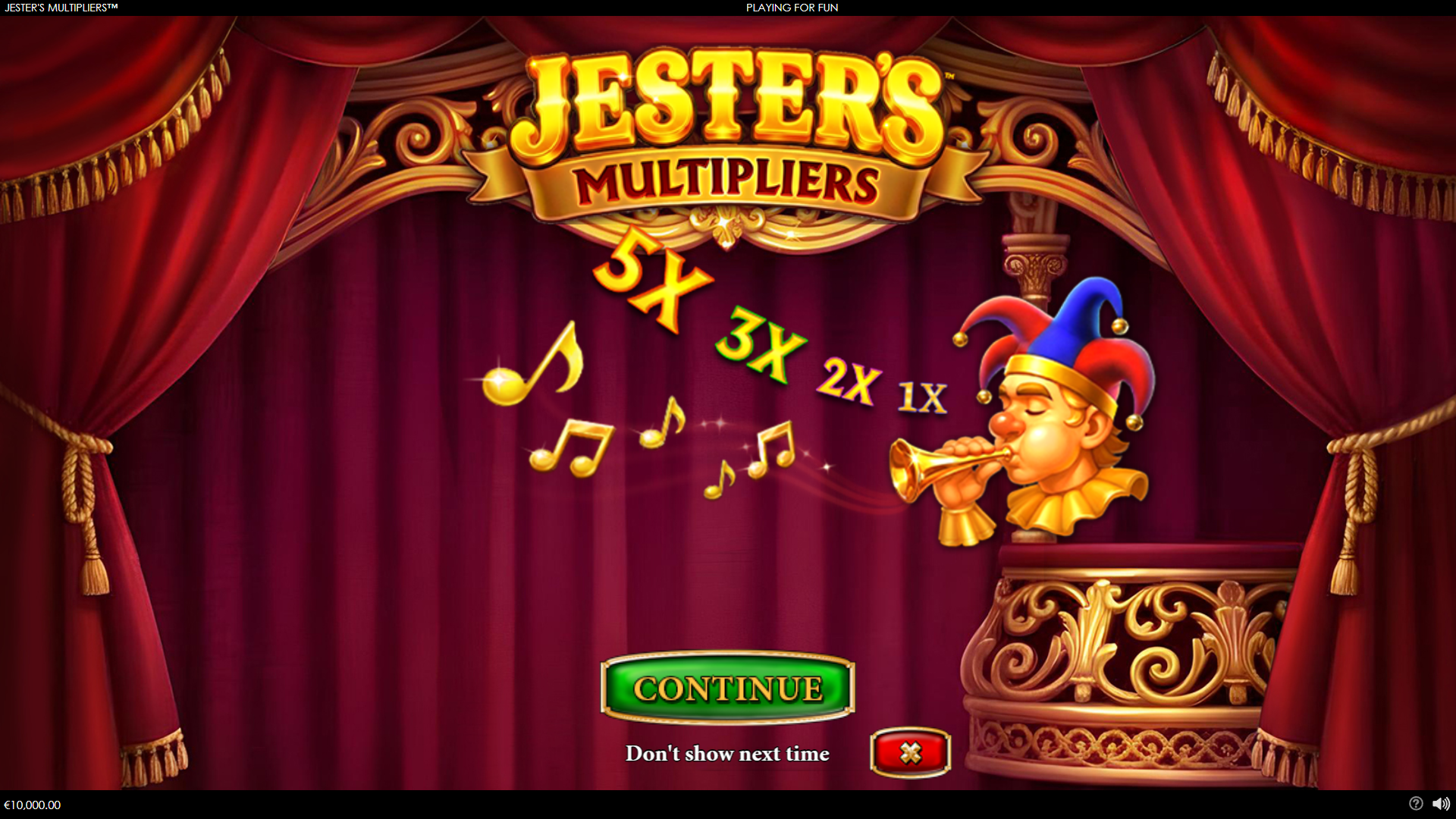 Jester's Multipliers slot intro screen