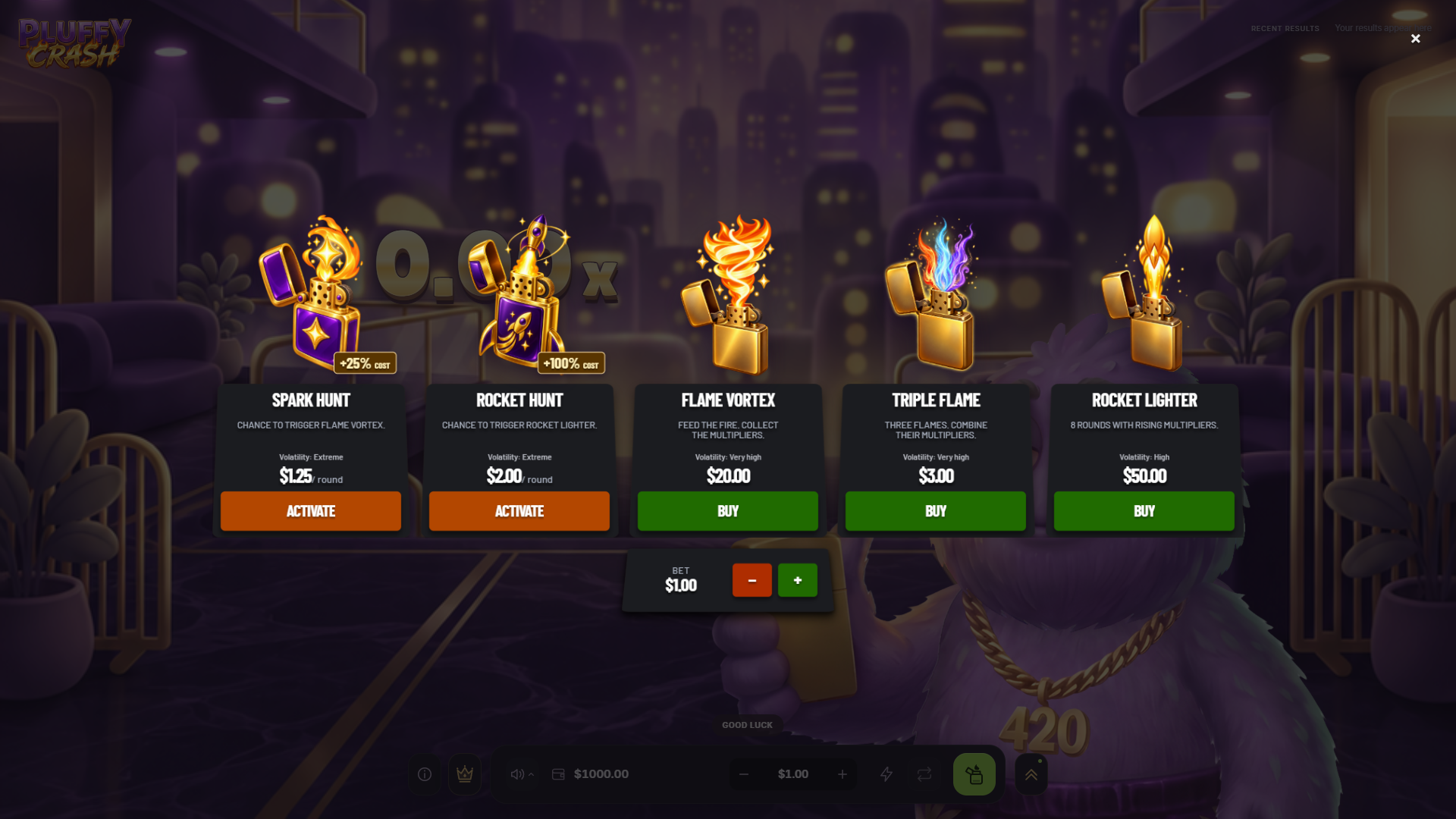 Pluffy Crash bonus buy menu
