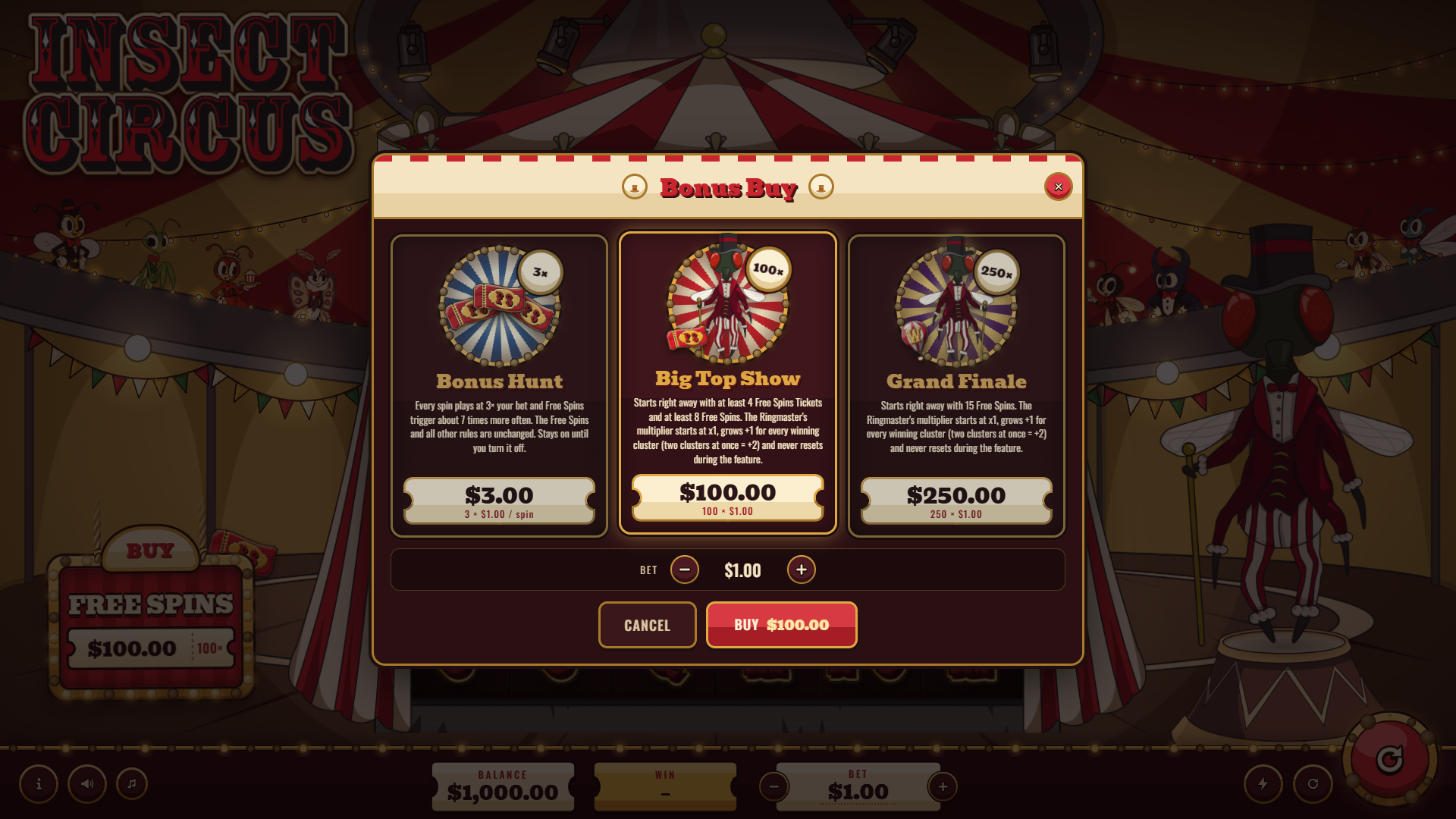 Insect Circus bonus buy menu
