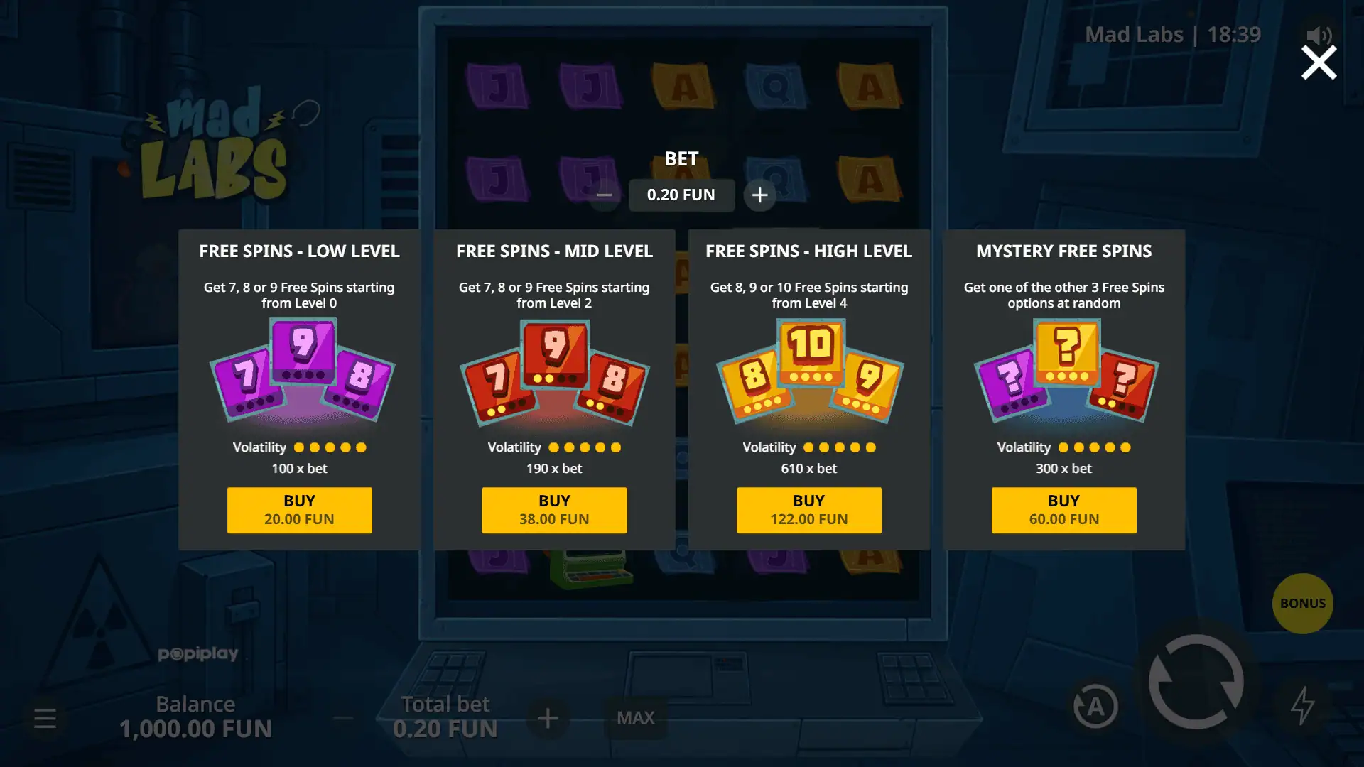 Mad Labs bonus buy menu