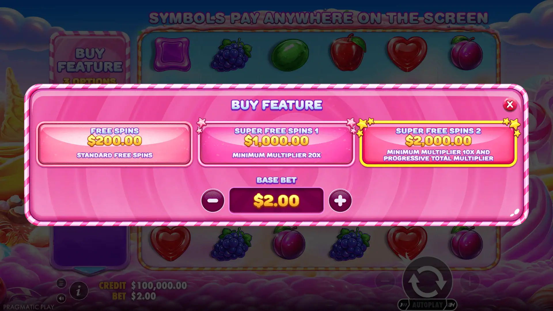 Sweet Bonanza 2500 bonus buy menu